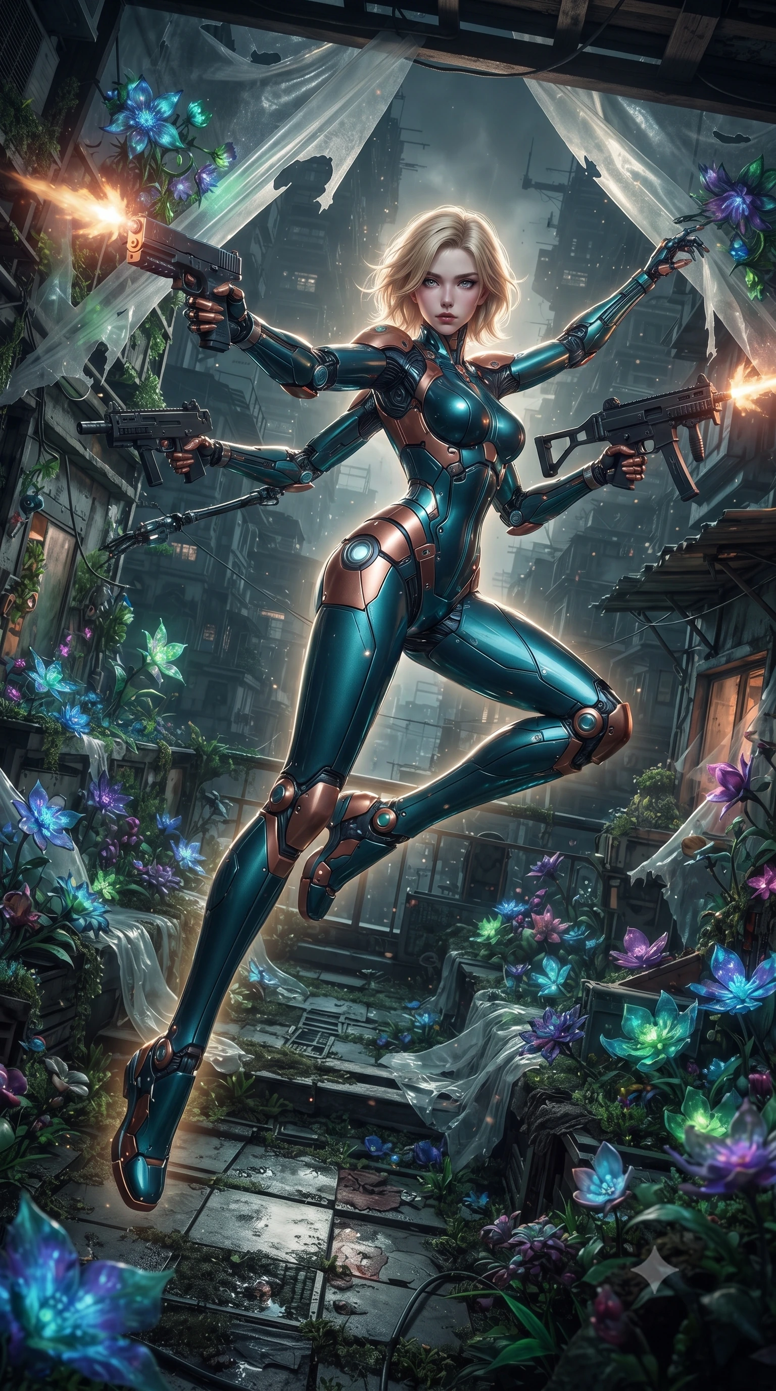 score_9, masterpiece, best quality, ultra-detailed, high-budget anime keyframe, editorial fashion photography, tasteful artistic composition, realistic cosplay photography, Caucasian woman, strictly human ears. low angle full-body shot from head to toe showing her feet, filling the entire 9:16 vertical frame with her statuesque presence, stretching her vertical silhouette. spinning mid-air in zero gravity to shoot in multiple directions, her silhouette stretched within a rooftop garden in the slums where mutated bioluminescent flowers are grown under plastic sheets. She has a statuesque 8.5-heads proportion, an exceptionally tall, slender and willowy model-like build with impossibly long legs and a highly sculpted ultra-slim waist. sharp v-shaped jawline, high-bridge nose, intricate jewel-like eyes with depth, thick eyelashes, glossy lips with a natural sheen. wearing catching and diffusing the glowing particles, shimmering softly in response to the surrounding light, a tailored body-hugging cybernetic combat suit in deep teal and copper panels, tracing her slender waist and long legs. dramatic backlight creating a radiant halo effect around her entire silhouette. ultra-reflective glossy finish, specular highlights, metallic sheen, high-contrast stereoscopic depth, volumetric dynamic lighting, 2k, ultra detail, master piece, 9:16 ratio