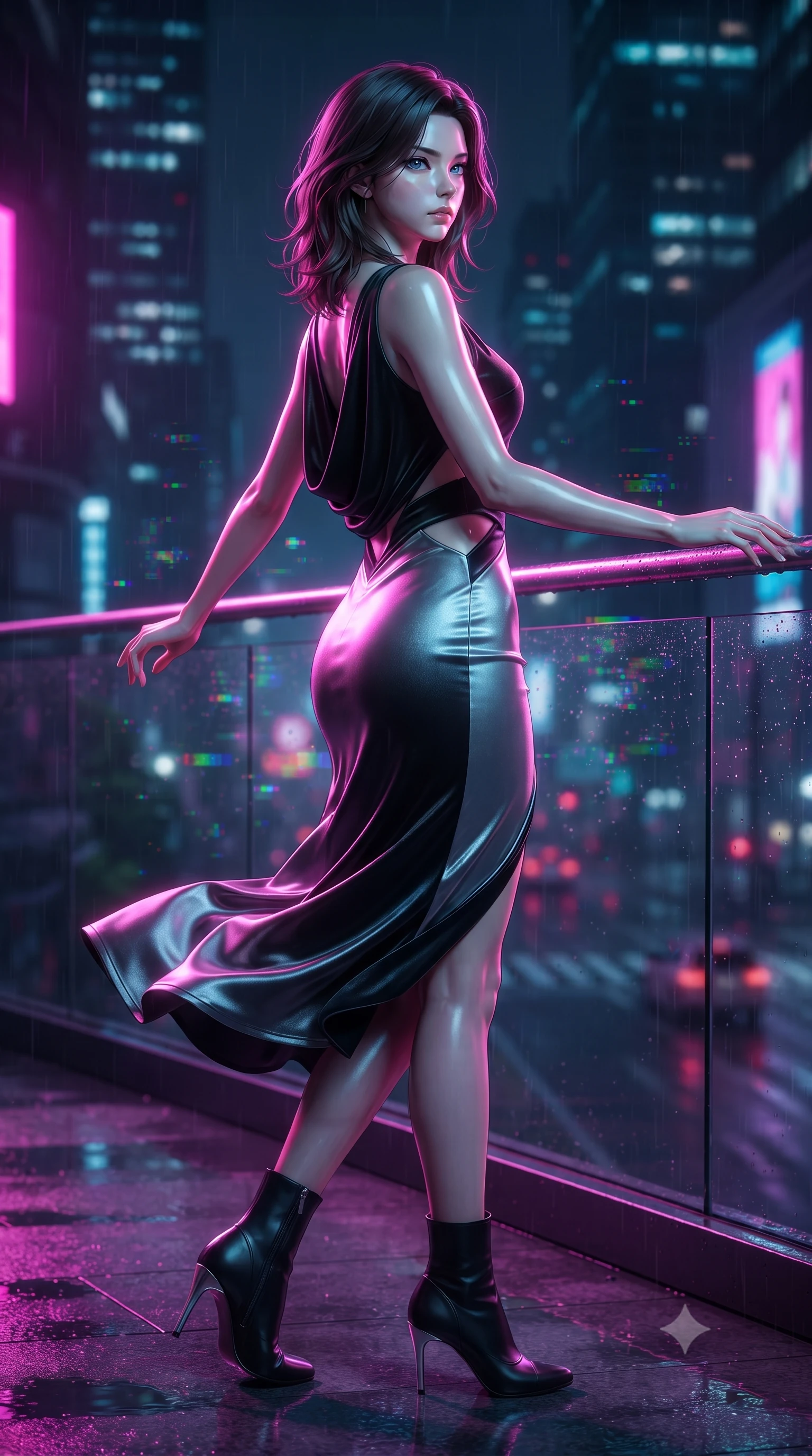 score_9, masterpiece, best quality, ultra-detailed, high-budget anime keyframe, editorial fashion photography, tasteful artistic composition, Korean woman. close-up cowboy shot from the waist and thighs up, the character dominates the composition, filling the frame with her large presence, background elements kept in soft focus. Gazing past the lens with composed intensity as her torso curves dynamically in mid-motion while pivoting gracefully on a rain-slicked balcony as RGB glitch noise scatters nearby, fluttering lightweight attire catching the high-altitude urban wind. She has an exceptionally elegant, slender, and willowy female figure with an ultra-slim waist, a gracefully sculpted slender torso, and a refined silhouette. sharp v-shaped jawline, high-bridge nose, intricate jewel-like eyes with depth, thick eyelashes, glossy lips with a natural sheen, flawlessly proportioned anatomical accuracy, natural body alignment, perfectly sculpted elegant limbs, clean dynamic posture without body distortion. wearing a precision-fitted liquid jersey bodycon dress with a graceful draped back in matte black and polished silver, made of premium stretch velvet with a rich sheen, featuring subtle geometric cutouts that highlight her ultra-slim midriff, the sleek second-skin texture accentuating her magnetic presence. drenched in intense neon magenta and cyan rim light with dark urban contrast. ultra-reflective glossy finish, specular highlights, metallic sheen, high-contrast stereoscopic depth, volumetric dynamic lighting, 2k, ultra detail, master piece, 9:16 ratio