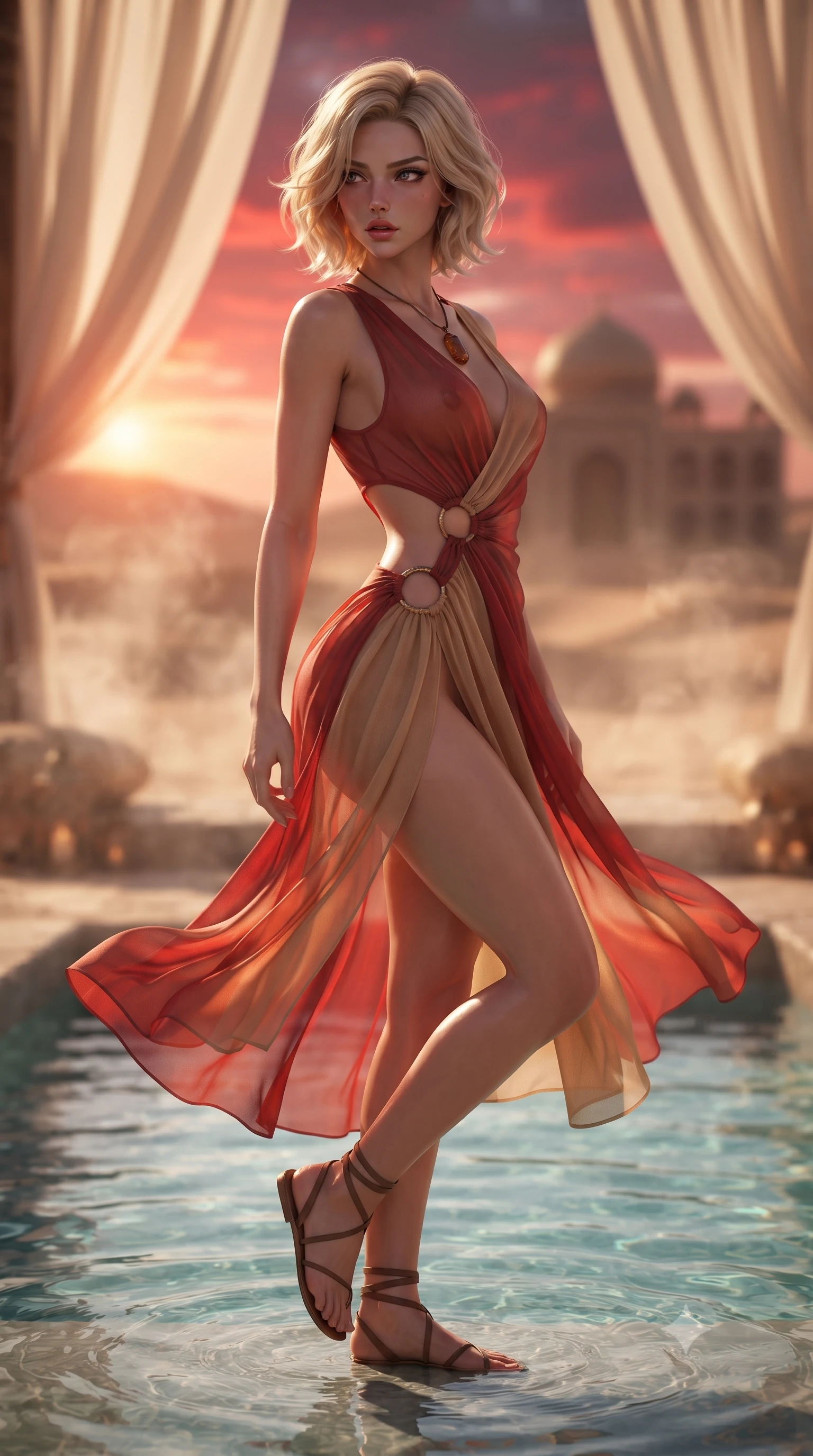 score_9, masterpiece, best quality, ultra-detailed, high-budget anime keyframe, editorial fashion photography, tasteful artistic composition, Caucasian woman. close-up cowboy shot from the waist and thighs up, the character dominates the composition, filling the frame with her large presence. twisting her slender torso in a deep contrapposto stance, hips dramatically shifted to accentuate her feminine curves while looking past her shoulder with smoldering bedroom-eyes while dipping her toes into a crystal oasis pool before a mirrored desert palace, hips cocked back in a seductive S-curve as she looks over her shoulder. The composition keeps background elements in soft focus with creamy bokeh. billowing silk canopy drapes and rising desert heat haze softened in dreamy shallow focus. She has an exceptionally elegant, slender, and willowy female figure with an ultra-slim waist, a gracefully sculpted slender torso, toned flat midriff, and rounded feminine hips creating an alluring hourglass silhouette. sharp v-shaped jawline, high-bridge nose, intricate jewel-like eyes with depth, thick eyelashes, glossy parted lips with a natural sheen, intensely captivating and seductive bedroom-eyes expression, flawlessly proportioned anatomical accuracy, strict slender model proportions, natural body alignment, perfectly sculpted long slender limbs, ultra-slim waistline, clean dynamic posture without body distortion. wearing a sheer silk chiffon desert wrap dress with dramatic side-torso cutouts framed by hammered brass rings in sunset crimson red and desert sand, woven from fine textured cotton gauze that flutters in the desert wind, accessorized with minimalist leather wrap sandals and a carved amber pendant, the liquid-tight tailored fabric clinging flawlessly to her narrow waist and rounded feminine hips, emphasizing every millimeter of her sculpted hourglass curves during movement. bathed in blazing crimson sunset backlighting and warm amber sand bounce lights. ultra-reflective glossy finish, specular highlights, rich textural contrasts, high-contrast stereoscopic depth, volumetric dynamic lighting, 2k, ultra detail, master piece, 9:16 ratio