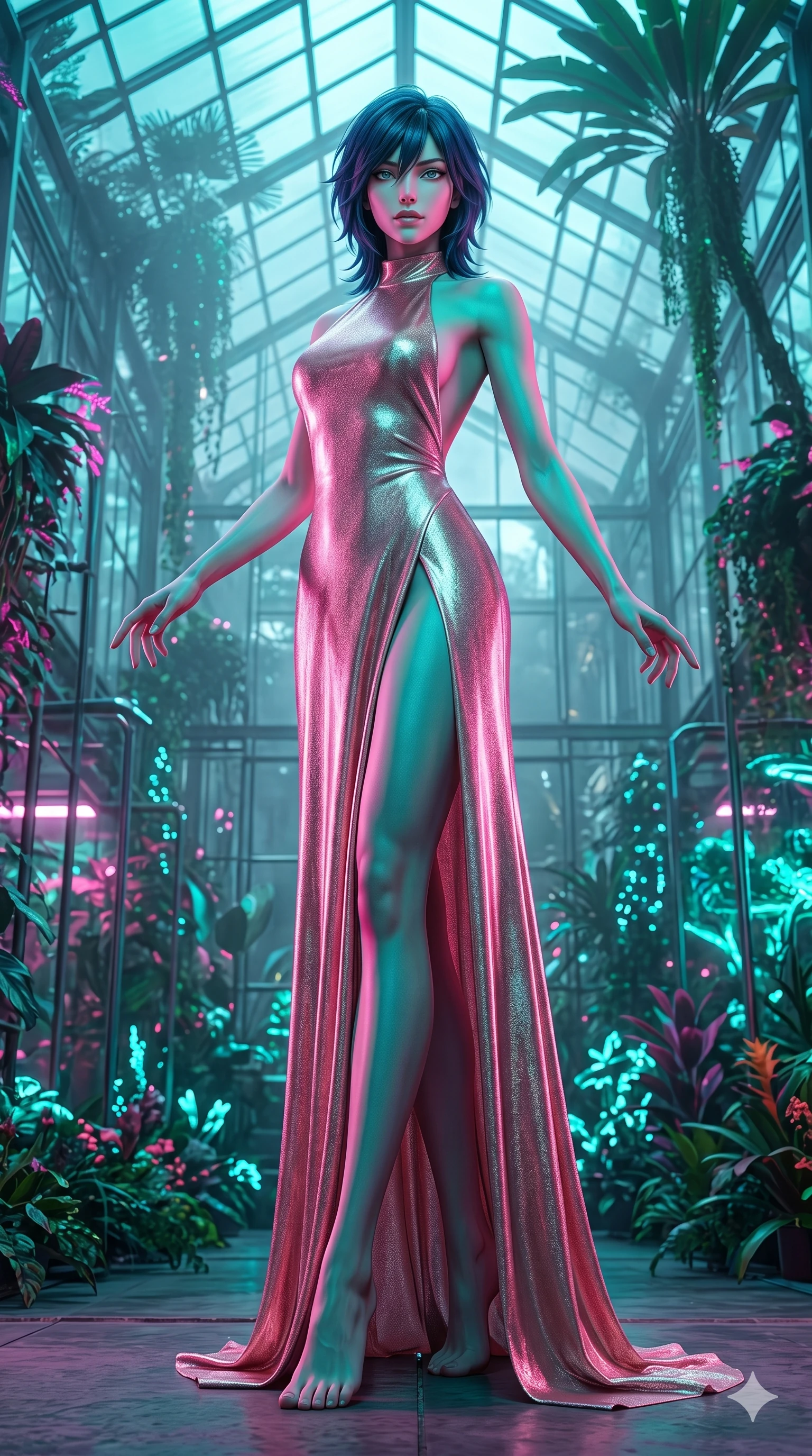score_9, masterpiece, best quality, ultra-detailed, high-budget anime keyframe, editorial fashion photography, tasteful artistic composition, Caucasian woman, strictly human ears. low angle full-body shot from head to toe showing her feet, filling the entire 9:16 vertical frame with her statuesque presence, stretching her vertical silhouette. Balancing with elegant poise on tiptoe with arms extended within a vast cyberpunk greenhouse of neon-lit bioluminescent flora and silver mist. She has an absolutely perfect 8-heads proportion, an exceptionally tall and slender female figure with impossibly long slender legs and an ultra-slim waist. V-shaped jawline, high-bridge nose, intricate jewel-like eyes with depth, thick eyelashes, glossy lips with a natural sheen. wearing an architectural halter-neck couture gown in rose-gold lamé with a high open-back, a precision-fitted bodice, and a full floor-sweeping skirt with a high front slit revealing long elegant legs. under intense neon teal and magenta split-lighting creating vivid chromatic contrast on her figure. 2k, ultra detail, master piece, 9:16 ratio
