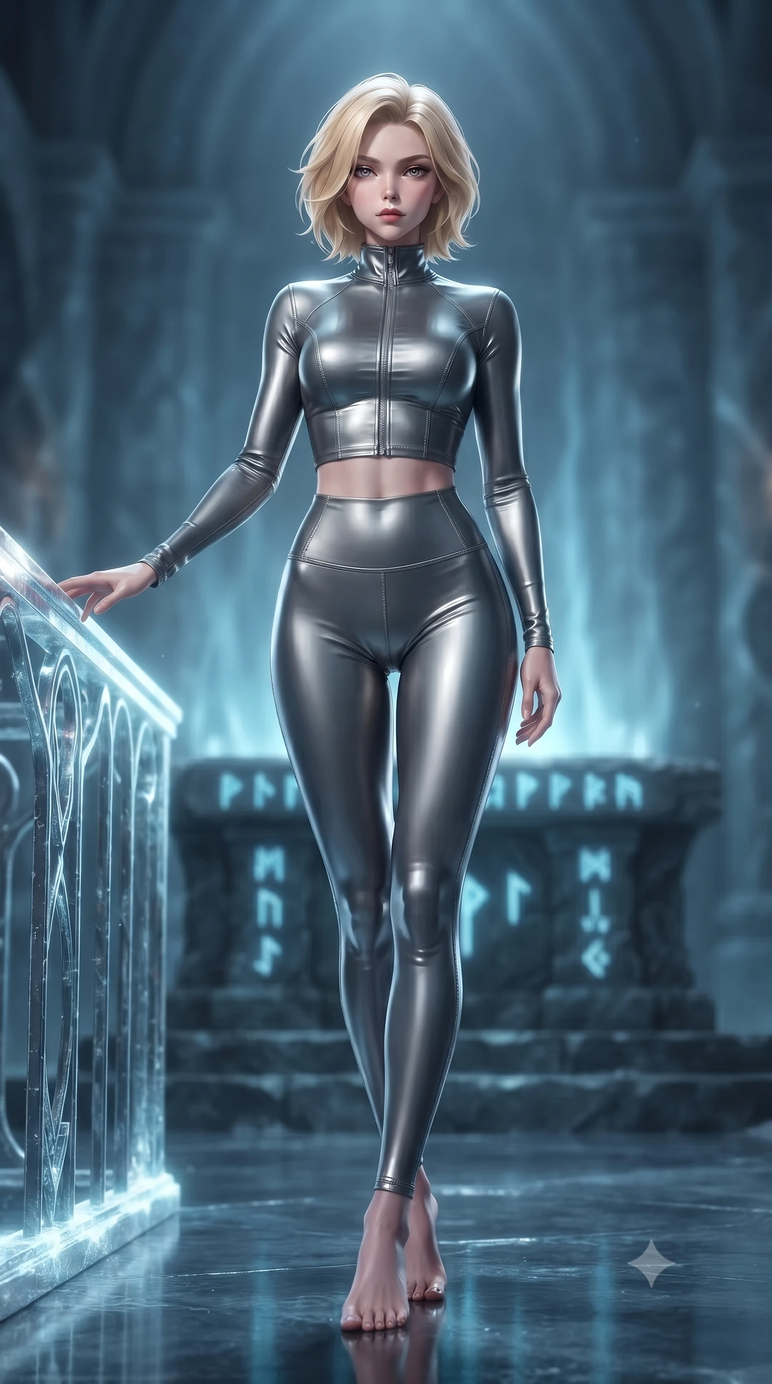 score_9, masterpiece, best quality, ultra-detailed, high-budget anime keyframe, editorial fashion photography, tasteful artistic composition, Caucasian woman. low angle full-body shot from head to toe showing her feet, filling the entire 9:16 vertical frame with her statuesque presence, stretching her vertical silhouette. standing in a tall, confident posture with one hand on a glowing metal railing, stretching her statuesque body, the background shows a soft-focus an ice temple altar made of dark stone and glowing blue runes. She has an absolutely perfect, statuesque 8.5-heads proportion, an exceptionally tall and slender model-like female figure with impossibly long slender legs and an ultra-slim waist. sharp v-shaped jawline, high-bridge nose, intricate jewel-like eyes with depth, thick eyelashes, glossy lips with a natural sheen. wearing a tailored body-hugging high-neck activewear set of a zipped long-sleeve crop top and matching leggings in carbon-grey. soft blue light radiating from carved runes casting an eerie uplight. ultra-reflective glossy finish, specular highlights, metallic sheen, high-contrast stereoscopic depth, volumetric dynamic lighting, 2k, ultra detail, master piece, 9:16 ratio