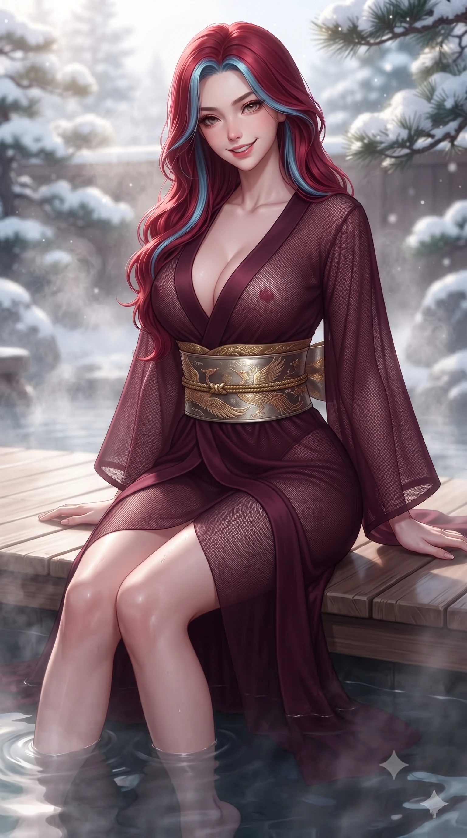 score_9, masterpiece, best quality, ultra-detailed, high-budget anime keyframe, editorial fashion photography, tasteful artistic composition, Caucasian woman. close-up cowboy shot from the waist and thighs up, the character dominates the composition, filling the frame with her large presence. resting both hands lightly behind her back while leaning toward the lens with a cheerful, teasing grin, her form-fitting fusion dress hugging her narrow waist and hip curve while sitting gracefully on the heated wooden deck with legs dipping in the hot spring, her sleek loungewear radiating cozy sensual warmth. The background shows a soft-focus curling thermal onsen steam veils and snow-laden pine branches softened in luxurious Japanese mountain shallow focus. She has an exceptionally elegant, slender, and willowy female figure with an ultra-slim waist, flat toned midriff, narrow ribcage, and sculpted feminine hips creating an alluring, slim hourglass silhouette without bulk. sharp v-shaped jawline, high-bridge nose, intricate jewel-like dark sparkling almond eyes with depth, thick lashes, glossy parted lips with a natural rose-plum sheen, bright alluring and coquettish smile with bedroom-eyes, exuding both timeless oriental elegance and sovereign high-fashion allure, flawlessly proportioned anatomical accuracy, strict slender model proportions, natural body alignment, perfectly sculpted long slender limbs, ultra-slim waistline, clean dynamic posture without body distortion. wearing a deep plunging-V modern kimono gown with wide flowing sleeves and a waist-cinching gold embroidered sash in deep wine burgundy and brushed antique gold, made of sheer technical micro-mesh with contouring shadow effects, finished with a wide metallic obi sash with intricate embroidered phoenix motifs, the glove-like silhouette tightly following the natural contour of her hips and long slender legs with youthful 8.5-heads elegance. illuminated by hot spring water caustics and sharp platinum rim lights carving her razor-sharp jawline, narrow waist, and curvy hips. ultra-reflective glossy finish, specular highlights, rich textural contrasts, high-contrast stereoscopic depth, volumetric dynamic lighting, 2k, ultra detail, master piece, 9:16 ratio