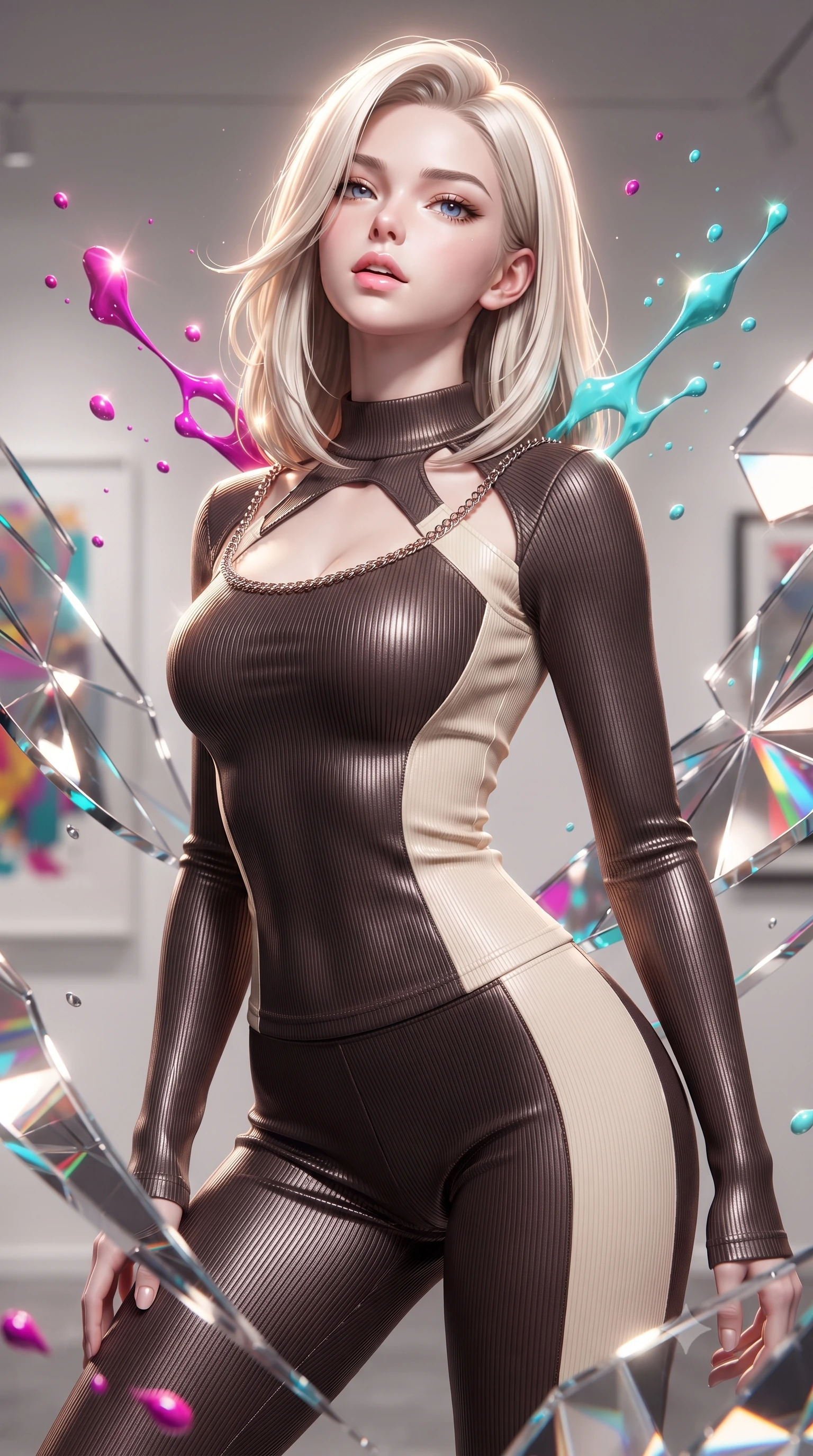 score_9, masterpiece, best quality, ultra-detailed, high-budget anime keyframe, editorial fashion photography, tasteful artistic composition, Caucasian woman. close-up cowboy shot from the waist and thighs up, the character dominates the composition, filling the frame with her large presence, background elements kept in soft focus. Tilting her chin up slightly with lips parted in a magnetic, composed expression surrounded by rotating shattered mirror sculptures reflecting bright acrylic colors, vibrant paint droplets frozen in time casting specular highlights. She has an exceptionally elegant, slender, and willowy female figure with an ultra-slim waist, a gracefully sculpted slender torso, and a refined silhouette. sharp v-shaped jawline, high-bridge nose, intricate jewel-like eyes with depth, thick eyelashes, glossy lips with a natural sheen. wearing a form-fitting ribbed activewear set with collar cutouts in espresso brown and warm cream, formed from sleek second-skin neoprene, adorned with delicate metallic chain straps along the neckline, the tailored fabric tightly following every curve of her athletic build. surrounded by a radiant glow of magenta and aqua fluid highlights. ultra-reflective glossy finish, specular highlights, metallic sheen, high-contrast stereoscopic depth, volumetric dynamic lighting, 2k, ultra detail, master piece, 9:16 ratio