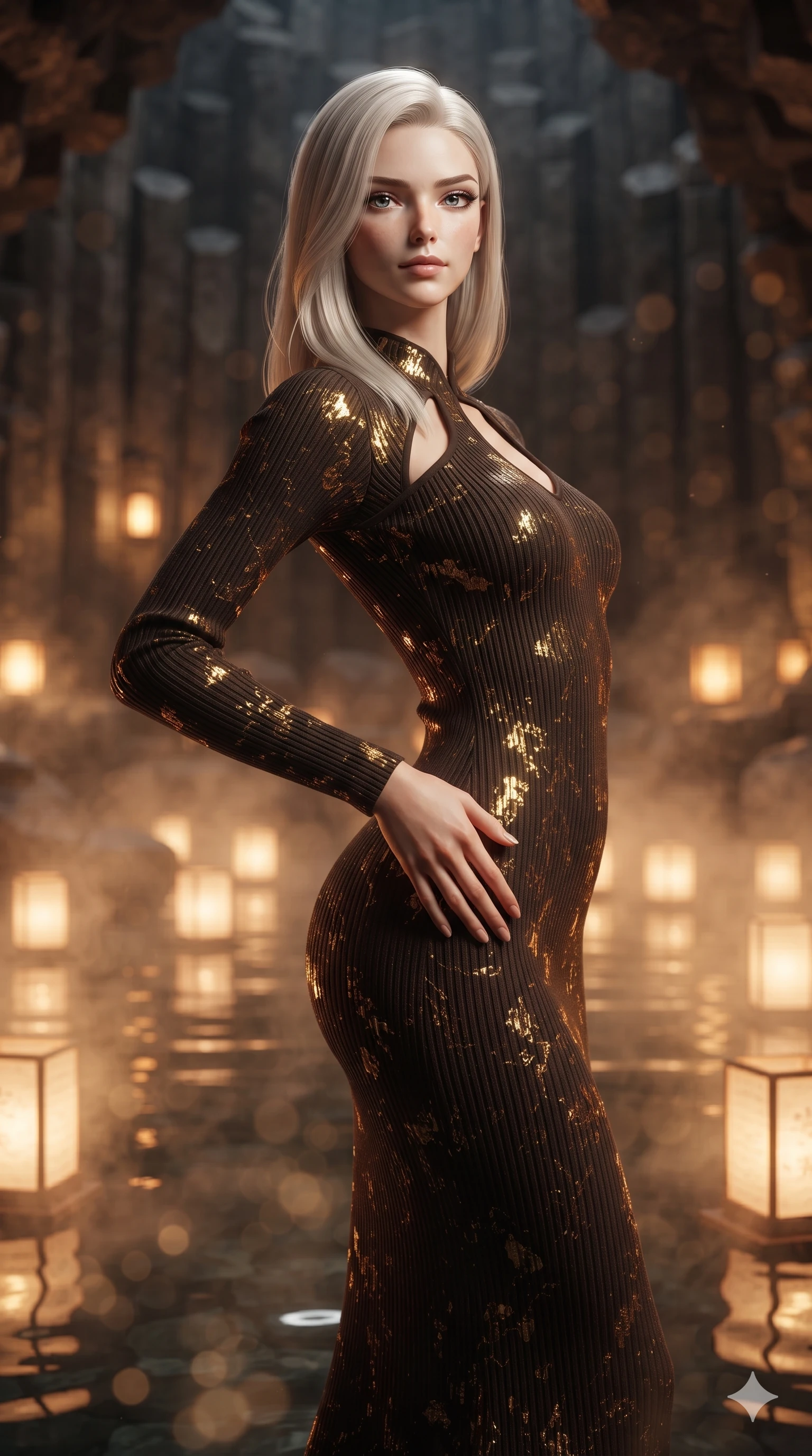 score_9, masterpiece, best quality, ultra-detailed, high-budget anime keyframe, editorial fashion photography, tasteful artistic composition, Caucasian woman. close-up cowboy shot from the waist and thighs up, the character dominates the composition, filling the frame with her large presence. arching her spine backward with effortless dancer poise, one hand sliding along her hip line as directional light carves specular highlights along her silhouette while standing poised beside the steaming thermal plunge pool, arching her spine with ethereal siren poise as warm amber lantern light washes over her. The background shows a soft-focus fluted hexagonal volcanic basalt pillars, glowing paper lanterns floating on water, and dense warm steam blurred into warm amber, honey, and charcoal bokeh. She has an exceptionally elegant, slender, and willowy female figure with an ultra-slim waist, flat toned midriff, narrow ribcage, and sculpted feminine hips creating an alluring, slim hourglass silhouette without bulk. sharp v-shaped jawline, high-bridge nose, intricate jewel-like sparkling eyes with depth, thick eyelashes, glossy parted lips with a natural sheen, intensely captivating and seductive bedroom-eyes expression, exuding both youthful cute charm and sovereign luxury allure, flawlessly proportioned anatomical accuracy, strict slender model proportions, natural body alignment, perfectly sculpted long slender limbs, ultra-slim waistline, clean dynamic posture without body distortion. wearing an ultra-sleek form-fitting ribbed silk-knit midi dress with elegant collar cutouts contouring her feminine hourglass silhouette in dark espresso brown and molten gold foil, crafted from luxurious metallic lamé that shifts radiance with every step, accented with a dainty gold belly chain resting across her flat midriff and curving hips, the form-contouring material adhering flawlessly to her sculpted flat midriff and slender torso, emphasizing her long leg lines and perfectly proportioned willowy build. illuminated by water reflection bounce and sharp amber-gold rim lights sculpting her razor-sharp jawline, narrow waist, and curvy hips. ultra-reflective glossy finish, specular highlights, rich textural contrasts, high-contrast stereoscopic depth, volumetric dynamic lighting, 2k, ultra detail, master piece, 9:16 ratio