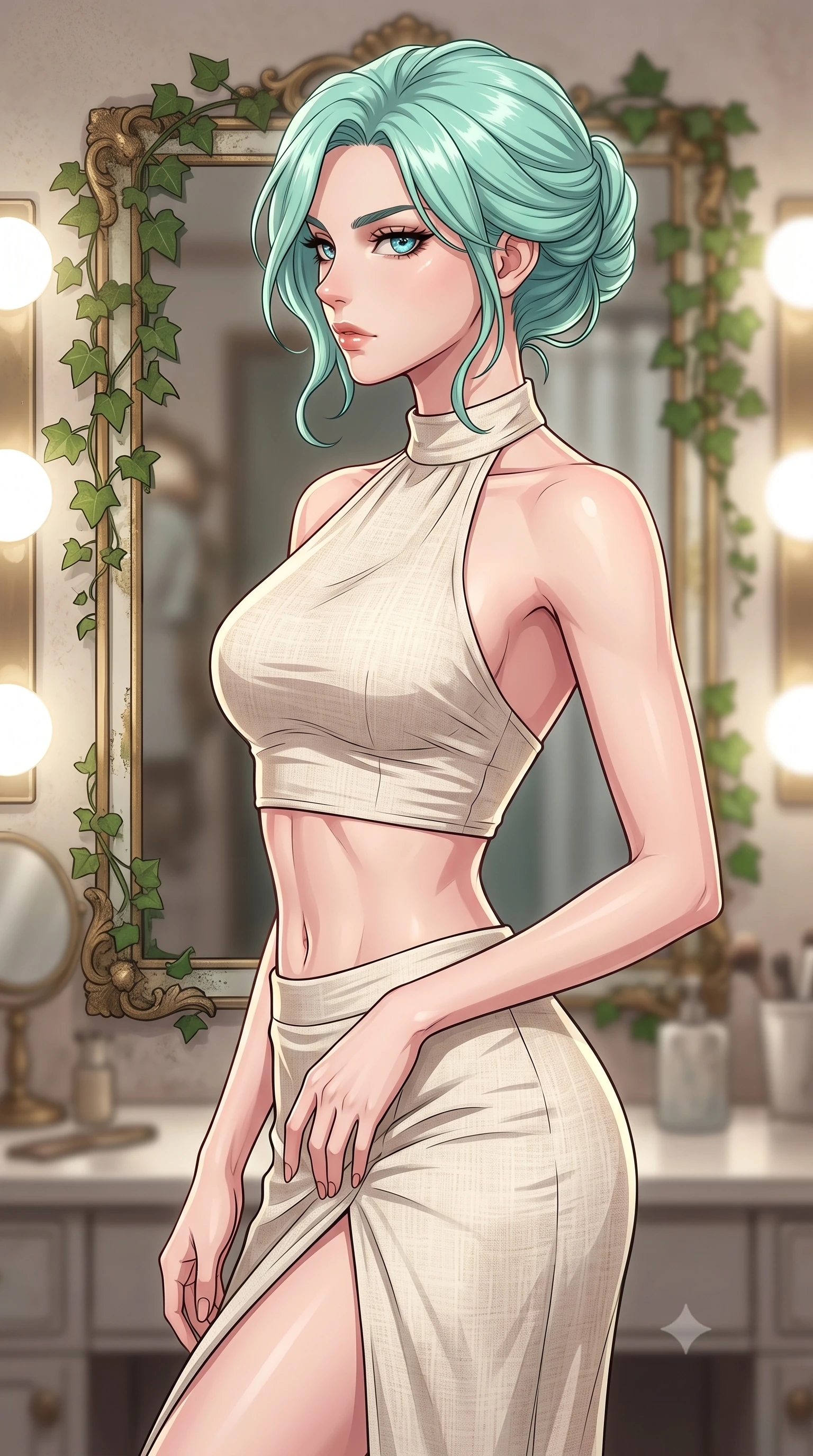 score_9, masterpiece, best quality, ultra-detailed, high-budget anime keyframe, tasteful artistic composition, Japanese woman. close-up cowboy shot from the waist and thighs up, the character dominates the composition, filling the frame with her large presence, background elements kept in soft focus. turning her face in sharp profile, casting a cold, mysterious, yet intensely alluring side gaze, the background shows a soft-focus a vintage vanity mirror corner decorated with climbing green ivy. She has an exceptionally elegant, slender, and willowy female figure with an ultra-slim waist, a gracefully sculpted slender torso, and a refined silhouette. sharp v-shaped jawline, high-bridge nose, intricate jewel-like eyes with depth, thick eyelashes, glossy lips with a natural sheen. wearing a form-contouring linen halter-neck crop top paired with a matching high-slit midi skirt, revealing a sculpted midriff. bright vanity spotlights casting detailed front lighting with soft back shadow. highly saturated vibrant anime colors, cel-shading, 2d style, master piece, 9:16 ratio