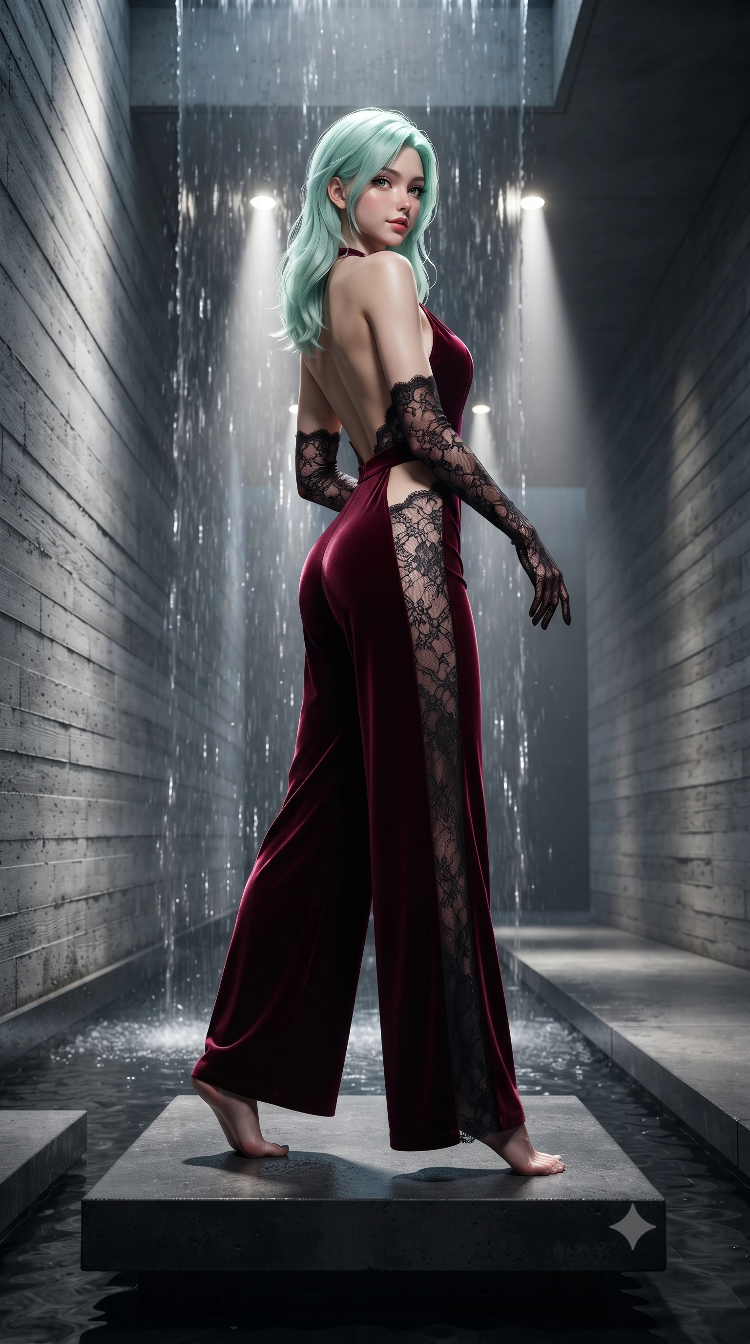 score_9, masterpiece, best quality, ultra-detailed, high-budget anime keyframe, editorial fashion photography, tasteful artistic composition, Japanese woman. low angle full-body shot from head to toe showing her feet, filling the entire 9:16 vertical frame with her statuesque presence, stretching her vertical silhouette. walking along the terrace with poise, looking back over her bare shoulder with an irresistible smoldering bedroom-gaze while standing poised on a floating charcoal concrete monolith with water sheeting behind her, arching her back with dramatic architectural allure. The surrounding environment is rendered in vivid detail and crisp panoramic clarity: sharp board-formed concrete grain textures, falling water sheet clarity, and polished basalt paver joints in deep focus. She has an absolutely perfect, statuesque 8.5-heads proportion, an exceptionally tall and slender model-like female figure with impossibly long slender legs, an ultra-slim waist, a flat toned midriff, narrow delicate ribcage, and beautifully sculpted feminine hips creating a graceful, slim hourglass silhouette without any bulky heaviness. sharp v-shaped jawline, high-bridge nose, sparkling eyes with hypnotic seductive depth, thick curled eyelashes, glossy parted lips with a natural dewy peach sheen, alluring bedroom-eyes with an enchanting coquettish smile, exuding magnetic siren charisma and sophisticated glamour, flawlessly proportioned anatomical accuracy, strict slender model proportions, natural body alignment, perfectly sculpted long slender limbs, ultra-slim waistline, clean dynamic posture without body distortion. wearing a backless plunge-front silk satin jumpsuit with fluid wide-leg silhouette and side hip cutouts in deep bordeaux velvet and delicate black chantilly, tailored from ultra-plush velvet with rich tactile depth and deep shadow gradients, complemented by sheer opera-length lace evening gloves tracing her slender arms, the glove-like clinging cut tightly following the natural contour of her hips and long slender legs with youthful 8.5-heads elegance. bathed in dramatic narrow-beam 4000K architectural spotlights cutting through falling water sheets. ultra-reflective glossy finish, specular highlights, rich textural contrasts, high-contrast stereoscopic depth, volumetric dynamic lighting, 2k, ultra detail, master piece, 9:16 ratio
