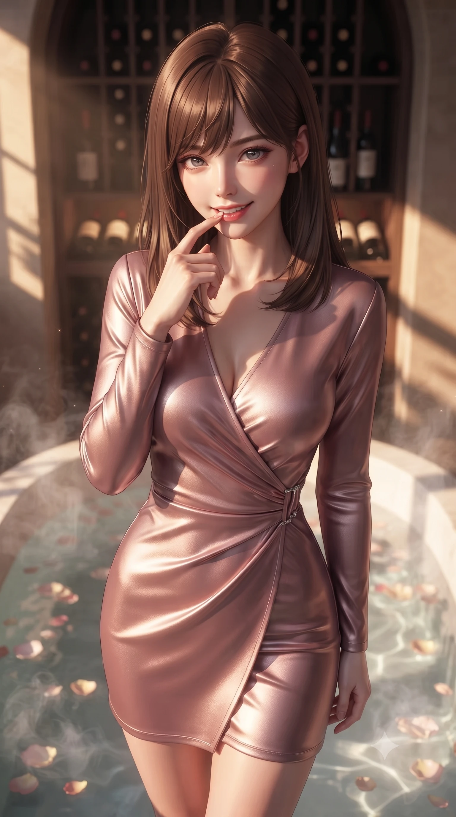 score_9, masterpiece, best quality, ultra-detailed, high-budget anime keyframe, editorial fashion photography, tasteful artistic composition, Korean woman. close-up cowboy shot from the waist and thighs up, the character dominates the composition, filling the frame with her large presence, background elements kept in soft focus. gently touching her lower lip with one finger, looking up at the viewer with a deeply charming, sultry smile set against a soft-focus background of inside an exclusive wine cellar alcove with rising mineral steam and floating flower petals on the clear water surface. She has an exceptionally elegant, slender, and willowy female figure with an ultra-slim waist, a gracefully sculpted slender torso, and a refined silhouette. sharp v-shaped jawline, high-bridge nose, intricate jewel-like eyes with depth, thick eyelashes, glossy lips with a natural sheen. wearing slim-fit dusty rose metallic jersey sleek long-sleeve silk wrap dress contouring her ultra-slim waist elegantly accented with delicate silver hardware. bathed in warm golden hour sunbeams that cast long, romantic shadows across the floor. ultra-reflective glossy finish, specular highlights, metallic sheen, high-contrast stereoscopic depth, volumetric dynamic lighting, 2k, ultra detail, master piece, 9:16 ratio