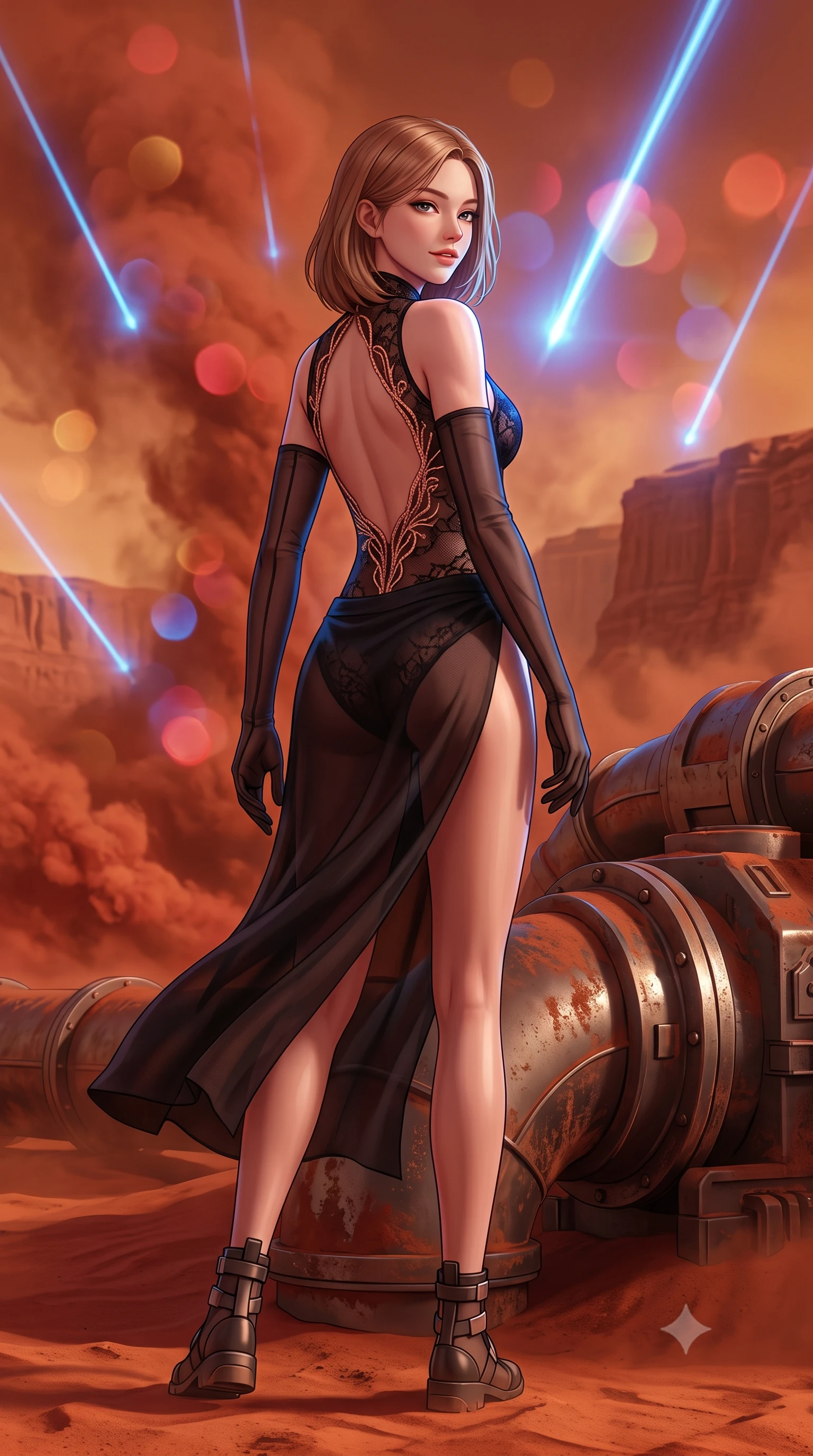 score_9, masterpiece, best quality, ultra-detailed, high-budget anime keyframe, semi-realistic 3D game render, editorial fashion photography, tasteful artistic composition, Korean woman. low angle full-body shot from head to toe showing her feet, filling the entire 9:16 vertical frame with her statuesque presence, stretching her vertical silhouette. executing a slow, graceful pivot turn as her skirt sways around her slender legs, glancing back with an enchanting, teasing sensual expression while leaning against the heavy terraforming conduit with hips cocked back, watching blue atmospheric ionization lasers pierce red dust storms with smoldering bedroom-eyes. The background shows a soft-focus swirling red and ochre Martian dust clouds, towering canyon cliff strata, and giant blue atmospheric laser beams blurred into terracotta, crimson, and cobalt bokeh. She has an exceptionally tall and slender model-like 8.5-heads proportion, an ultra-slim waist, a flat toned midriff, narrow delicate ribcage, and beautifully sculpted feminine hips creating a graceful, slim hourglass silhouette without any bulky heaviness, with impossibly long slender legs. sharp v-shaped jawline, high-bridge nose, intricate jewel-like sparkling eyes with depth, thick eyelashes, glossy parted lips with a natural peach sheen, bright cheerful beaming smile with an enchanting and coquettish sensual glint, exuding both youthful cute charm and seductive allure, flawlessly proportioned anatomical accuracy, strict slender model proportions, natural body alignment, perfectly sculpted long slender limbs, ultra-slim waistline, clean dynamic posture without body distortion. wearing an alluring backless sheer lace combat leotard with high-cut leg openings and delicate fiber-optic embroidery framing her spine in high-gloss rose-gold and burnished copper, woven from fine semi-opaque stretch illusion mesh tracing her slender contours, complemented by sheer opera-length evening gloves tracing her slender arms, the high-slit wrap tailoring accentuating her ultra-slim waistline and the enchanting curve of her feminine hips with alluring seductive charm. illuminated by red sand reflection bounce and sharp cobalt-blue laser rim lights sculpting her jawline, narrow waist, and curvy hips. highly saturated vibrant anime colors, detailed shading with soft gradients, rich glossy textures, high-contrast stereoscopic depth, volumetric dynamic lighting, master piece, 9:16 ratio