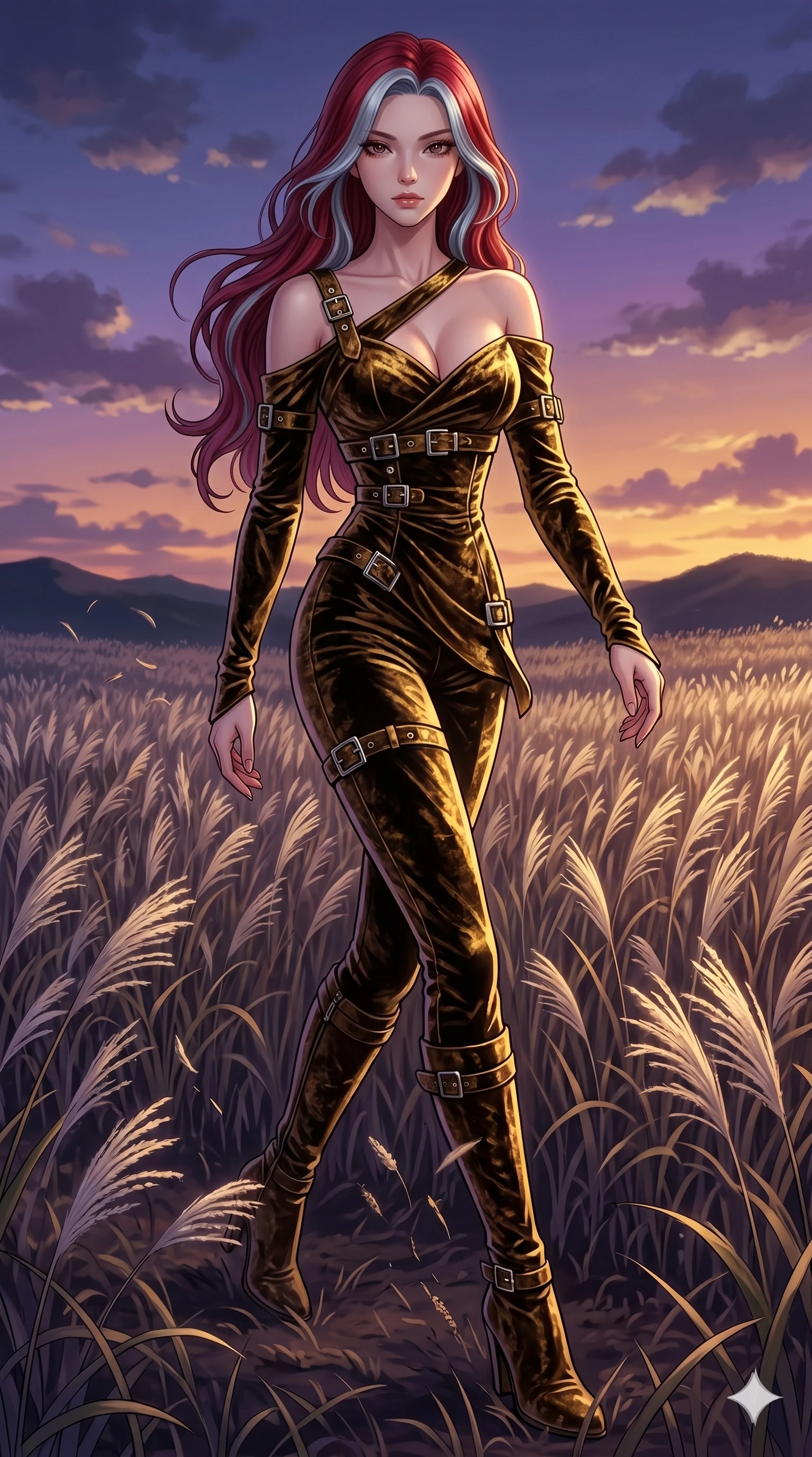score_9, masterpiece, best quality, ultra-detailed, High-budget Anime Keyframe, East Asian woman. Dynamic full-body shot stretching the vertical silhouette to the limit. Scenario 148: Walking through a field of tall silver grass at twilight. Her presence is magnetic and overpowering in this high-budget anime scene. Outfit 148: A crushed dark velvet gold with a low-cut shoulder and metallic buckles. The clothing is designed to emphasize her exceptionally tall and slender 8-heads proportion. 8-heads proportion, towering silhouette, ultra-slim waist. sharp v-shaped jawline, intricate jewel-like eyes with depth, thick eyelashes, glossy lips. 2k, ultra detail, master piece, 9:16 ratio