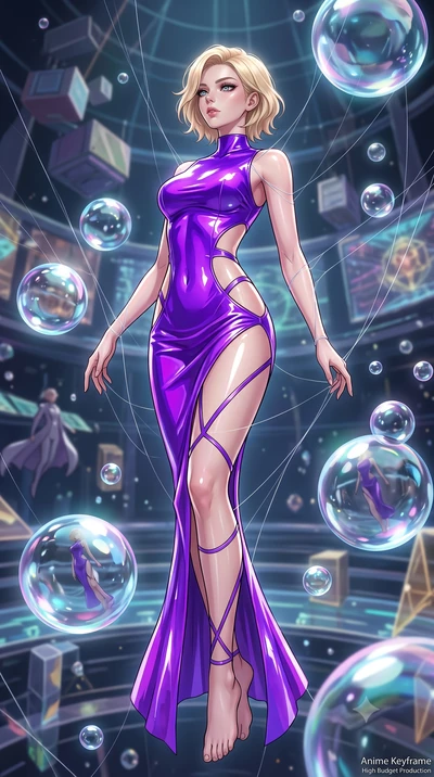 score_9, masterpiece, best quality, ultra-detailed, High-budget Anime Keyframe, Caucasian woman, strictly human ears. Dynamic full-body shot stretching the vertical silhouette to the limit. Scenario 511: suspended by invisible silk threads inside a z