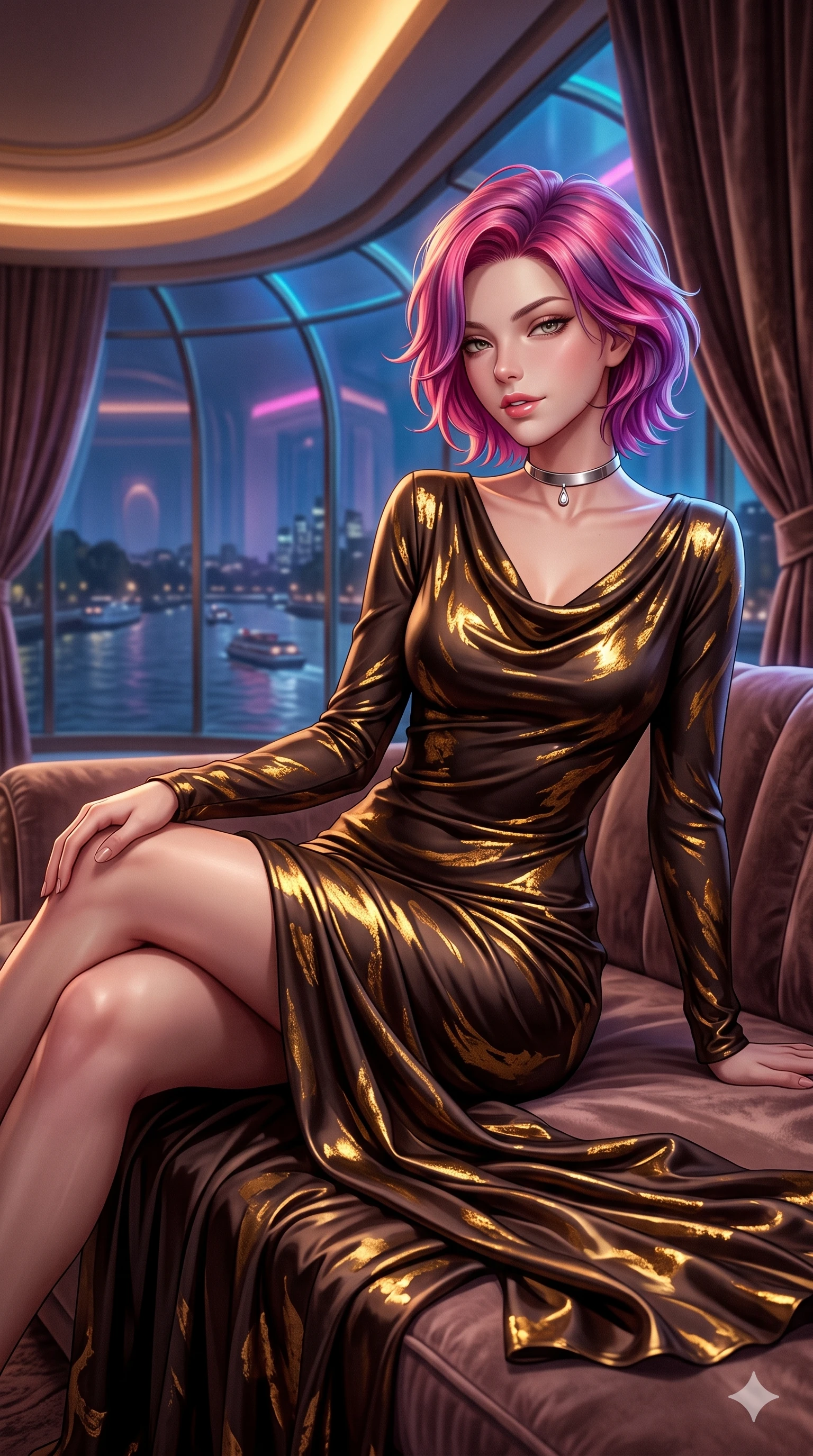 score_9, masterpiece, best quality, ultra-detailed, high-budget anime keyframe, semi-realistic 3D game render, editorial fashion photography, tasteful artistic composition, Caucasian woman. close-up cowboy shot from the waist and thighs up, the character dominates the composition, filling the frame with her large presence. twisting her slender torso in a deep contrapposto stance, hips dramatically shifted to accentuate her feminine curves while looking past her shoulder with smoldering bedroom-eyes while lounging in a velvet chaise lounge propped on one elbow with legs crossed, flashing an intoxicating smile with parted glossy lips as river traffic glides past. The background shows a soft-focus curved Art Deco glass windows and heavy velvet drapes softened in glamorous cinematic shallow focus. She has an exceptionally elegant, slender, and willowy female figure with an ultra-slim waist, flat toned midriff, narrow ribcage, and sculpted feminine hips creating an alluring, slim hourglass silhouette without bulk. sharp v-shaped jawline, high-bridge nose, intricate jewel-like sparkling eyes with depth, thick eyelashes, glossy parted lips with a natural sheen, intensely captivating and seductive bedroom-eyes expression, exuding both youthful cute charm and sovereign luxury allure, flawlessly proportioned anatomical accuracy, strict slender model proportions, natural body alignment, perfectly sculpted long slender limbs, ultra-slim waistline, clean dynamic posture without body distortion. wearing a modest long-sleeve cowl-neck satin column gown draping gracefully to the floor with aristocratic poise in dark espresso brown and molten gold foil, crafted from bespoke double-faced cashmere with an exceptionally soft tactile finish, finished with a minimalist chrome choker and a single teardrop diamond pendant, the impeccably tailored cut draping gracefully along her slender figure with aristocratic poise. bathed in the prestigious warm 2600K amber glow of recessed Art Deco cove lighting combined with cool neon skyline fill through panoramic glass. highly saturated vibrant anime colors, detailed shading with soft gradients, rich glossy textures, high-contrast stereoscopic depth, volumetric dynamic lighting, master piece, 9:16 ratio