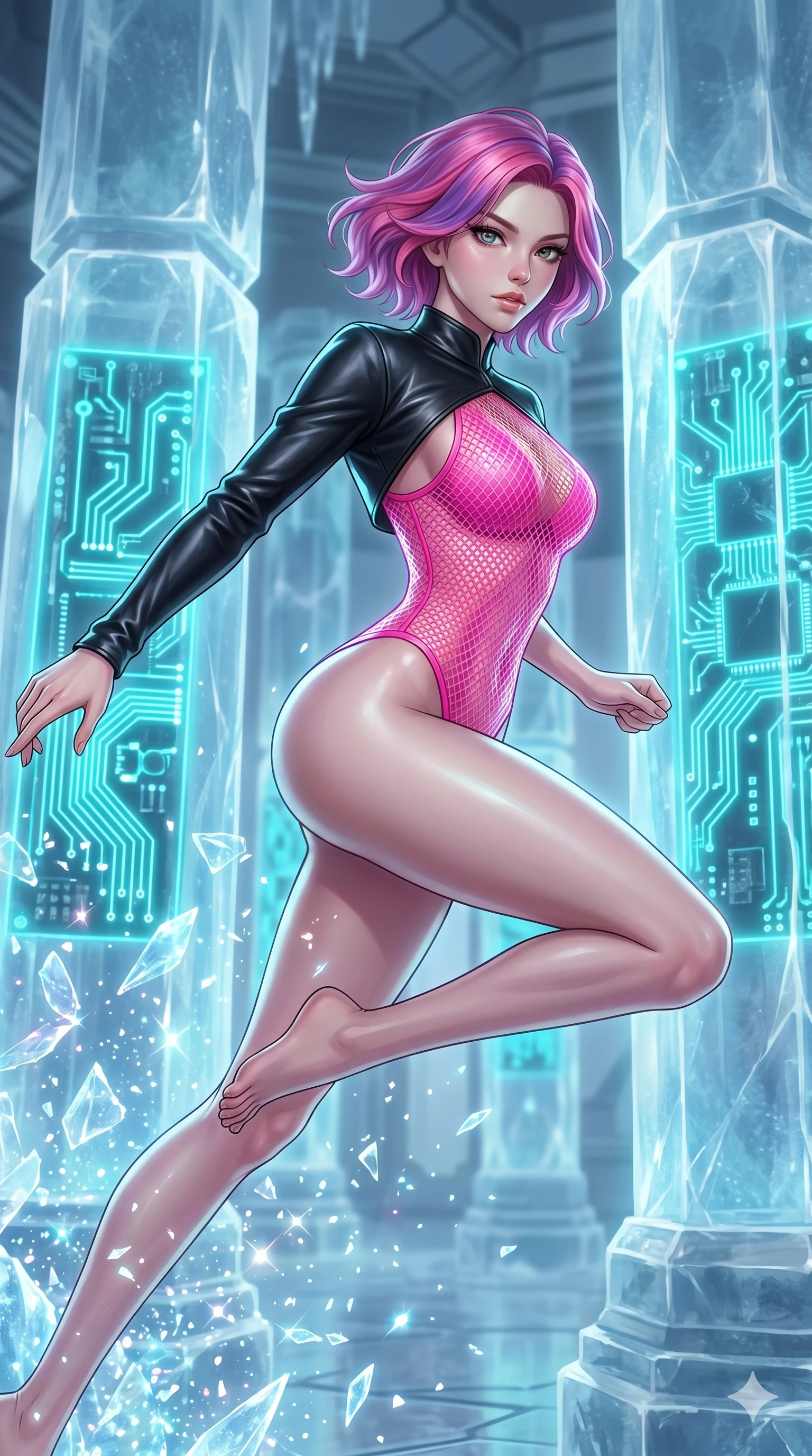 score_9, masterpiece, best quality, ultra-detailed, high-budget anime keyframe, Korean woman. upper body close-up from the thighs up, character filling the screen for maximum presence. leaping inside a sub-zero cybernetic ice temple, where glowing neon cyan computer circuit boards are frozen within transparent ice pillars, fracturing ice crystals into sparkles around her. She has an absolutely perfect 8-heads proportion, an exceptionally tall and slender female figure with impossibly long slender legs and an ultra-slim waist. V-shaped jawline, high-bridge nose, intricate jewel-like eyes with depth, thick eyelashes, glossy lips with a natural sheen.. wearing a fluorescent pink mesh bodysuit, styled with a cropped single-sleeve black leather shrug for a bold stage look. lit by a soft glowing ambient light and a sharp side key light that traces the sleek contours of her athletic build. 2k, ultra detail, master piece, 9:16 ratio