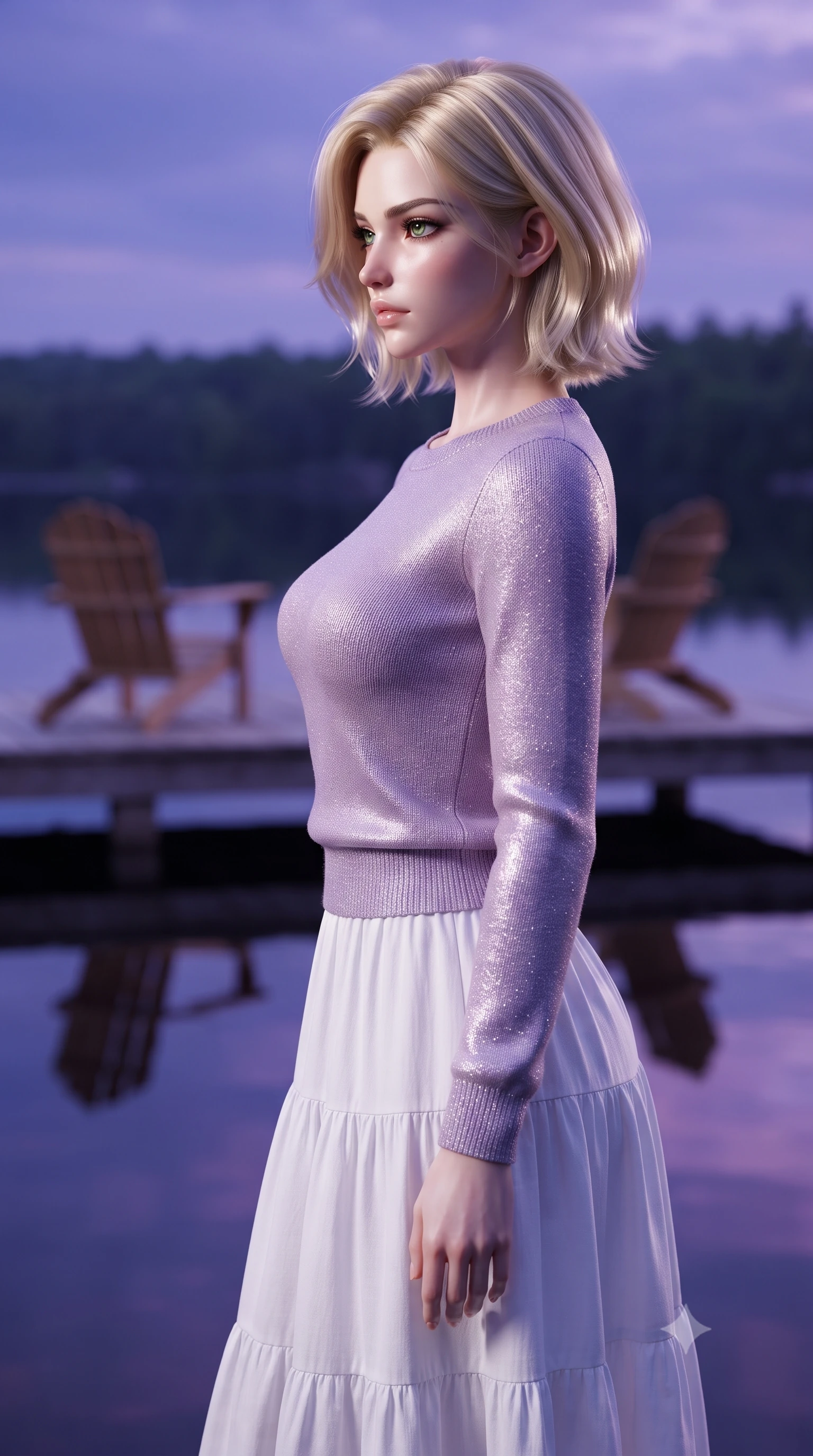score_9, masterpiece, best quality, ultra-detailed, high-budget anime keyframe, editorial fashion photography, tasteful artistic composition, Caucasian woman. close-up cowboy shot from the waist and thighs up, the character dominates the composition, filling the frame with her large presence, background elements kept in soft focus. turning her face in sharp profile, casting a cold, mysterious, yet intensely alluring side gaze, the background shows a soft-focus a private lakeside pier extending from a glamping site, with two wooden chairs. She has an exceptionally elegant, slender, and willowy female figure with an ultra-slim waist, a gracefully sculpted slender torso, and a refined silhouette. sharp v-shaped jawline, high-bridge nose, intricate jewel-like eyes with depth, thick eyelashes, glossy lips with a natural sheen. wearing a tailored soft lavender knit sweater paired with a flowy white cotton maxi skirt. the serene purple and blue hues of twilight reflecting on the still water. ultra-reflective glossy finish, specular highlights, metallic sheen, high-contrast stereoscopic depth, volumetric dynamic lighting, 2k, ultra detail, master piece, 9:16 ratio
