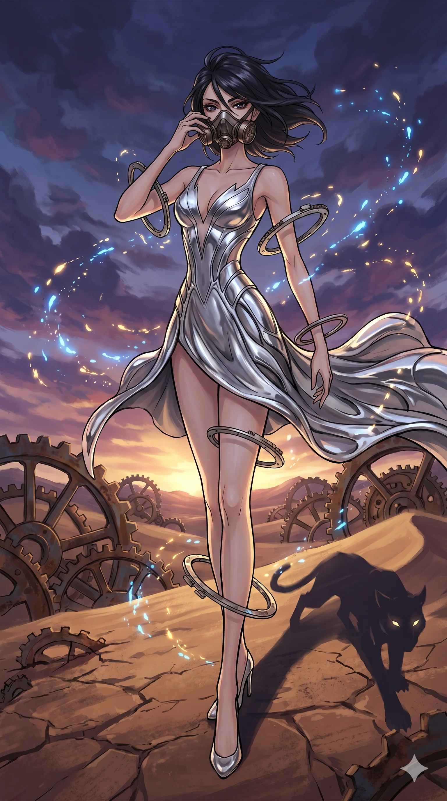 score_9, masterpiece, best quality, ultra-detailed, Set A: High-budget Anime Keyframe, Japanese woman. Low angle cowboy shot filling the entire 9:16 frame with her statuesque presence. Adjusting a mask through a clockwork desert, while her shadow mimics the movements of a predator 245 and surrounded by glowing energy sparks. She has an absolutely perfect 8-heads proportion, an exceptionally tall and slender female figure with impossibly long slender legs and an ultra-slim waist. Sharp v-shaped jawline, high-bridge nose, intricate jewel-like eyes with depth, thick eyelashes, glossy lips with a natural sheen. Wearing Molten silver texture dress with a sharp V-neckline and floating mechanical rings. Cinematic lighting, vibrant colors, dramatic shadows, 2k, ultra detail, master piece, 9:16 ratio