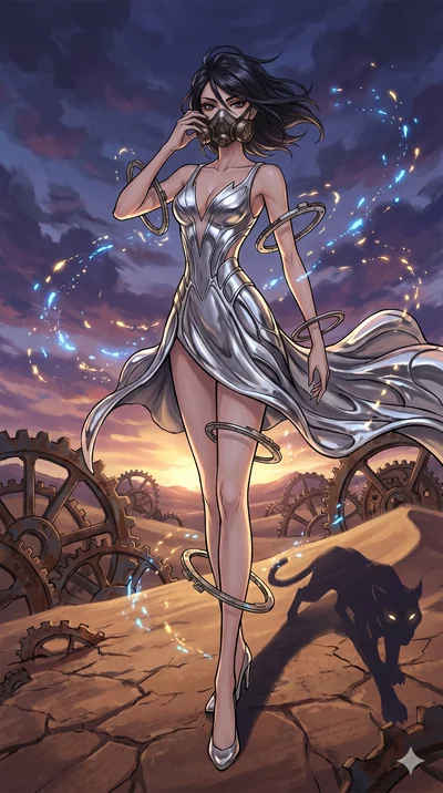 score_9, masterpiece, best quality, ultra-detailed, Set A: High-budget Anime Keyframe, Japanese woman. Low angle cowboy shot filling the entire 9:16 frame with her statuesque presence. Adjusting a mask through a clockwork desert, while her shadow mim