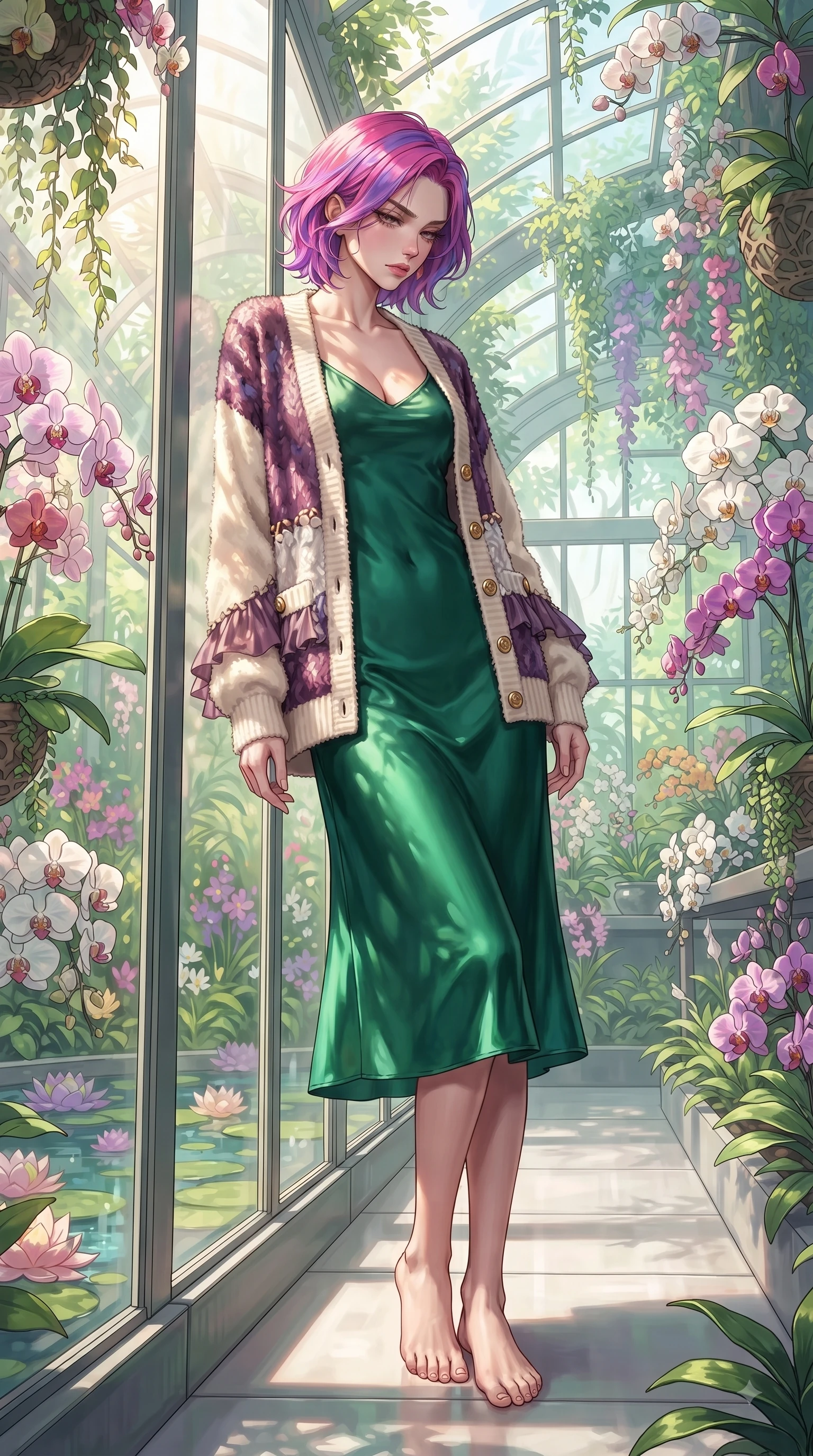 score_9, masterpiece, best quality, ultra-detailed, high-budget anime keyframe, editorial fashion photography, tasteful artistic composition, Caucasian woman. low angle full-body shot from head to toe showing her feet, filling the entire 9:16 vertical frame with her statuesque presence, stretching her vertical silhouette. Indifferent cold glance casting a disdainful side-eye from beneath long dark eyelashes with aloof confidence while leaning against a sunlit glass wall surrounded by exotic orchids and cascading vines. The surrounding environment is rendered in vivid detail and crisp panoramic clarity. vibrant orchid blossoms, lotus pond ripples, and detailed greenhouse pathways in deep focus. She has an absolutely perfect, statuesque 8.5-heads proportion, an exceptionally tall and slender model-like female figure with impossibly long slender legs and an ultra-slim waist. sharp v-shaped jawline, high-bridge nose, intricate jewel-like eyes with depth, thick eyelashes, glossy lips with a natural sheen, flawlessly proportioned anatomical accuracy, natural body alignment, perfectly sculpted elegant limbs, clean dynamic posture without body distortion. wearing a rich emerald green satin slip dress layered under a plush cream cardigan in rich plum violet and metallic platinum, woven from fine lightweight chiffon fluttering gracefully, finished with gold metallic hardware buttons along the front, the tailored fit highlighting her statuesque and model-like silhouette. illuminated by fresh botanical ambient glow with organic leaf stencil shadows. ultra-reflective glossy finish, specular highlights, metallic sheen, high-contrast stereoscopic depth, volumetric dynamic lighting, 2k, ultra detail, master piece, 9:16 ratio