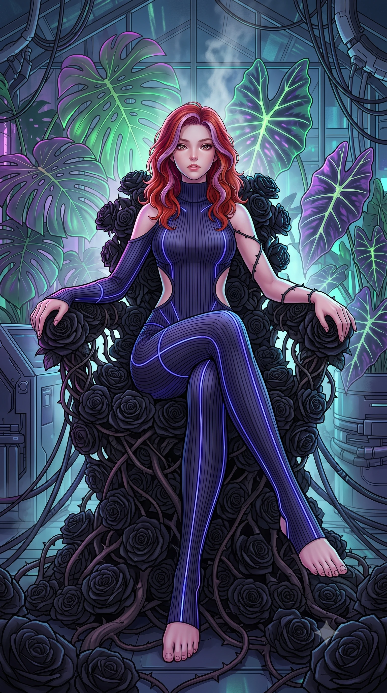 score_9, masterpiece, best quality, ultra-detailed, High-budget Anime Keyframe, Caucasian woman, strictly human ears. Dynamic full-body shot stretching the vertical silhouette to the limit. Scenario 321: resting on a throne of black roses, thorns grazing her skin, in a cybernetic greenhouse filled with giant glowing tropical leaves. Her presence is magnetic and overpowering in this high-budget anime scene. Outfit 321: a form-contouring ribbed bodycon knit bare with a strategic side cut-outs and glowing LED seams. The clothing is designed to emphasize her exceptionally tall and slender 8-heads proportion. 8-heads proportion, towering silhouette, ultra-slim waist. sharp v-shaped jawline, intricate jewel-like eyes with depth, thick eyelashes, glossy lips. 2k, ultra detail, master piece, 9:16 ratio