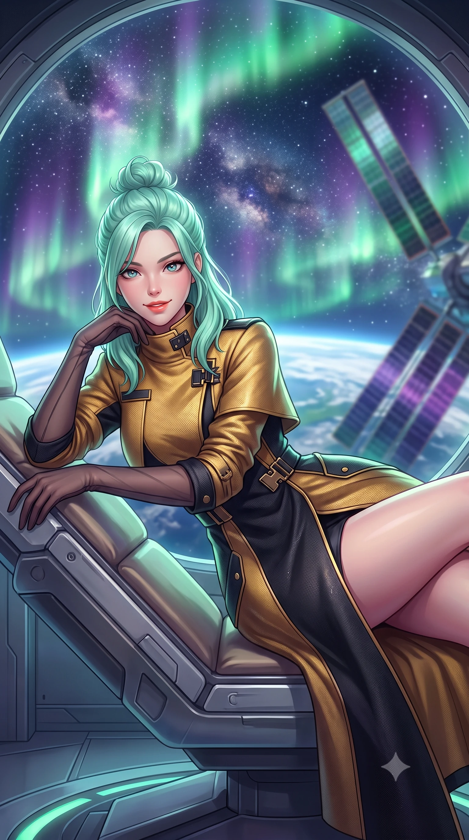 score_9, masterpiece, best quality, ultra-detailed, high-budget anime keyframe, semi-realistic 3D game render, editorial fashion photography, tasteful artistic composition, Japanese woman. close-up cowboy shot from the waist and thighs up, the character dominates the composition, filling the frame with her large presence. leaning forward while arching her lower back to accentuate her curvy hips, looking into the camera with an intoxicating smoldering gaze and bedroom-eyes while lounging gracefully across the observation pod seat propped on one elbow with legs extended, displaying her long slender limbs and statuesque hourglass silhouette against the cosmos. The background shows a soft-focus swirling green and violet polar auroras dancing across Earth's curve, dense Milky Way star clusters, and solar array wings blurred into emerald, amethyst, and sapphire bokeh. She has an exceptionally elegant, slender, and willowy female figure with an ultra-slim waist, flat toned midriff, narrow ribcage, and sculpted feminine hips creating an alluring, slim hourglass silhouette without bulk. sharp v-shaped jawline, high-bridge nose, intricate jewel-like sparkling eyes with depth, thick eyelashes, glossy parted lips with a natural peach sheen, bright cheerful beaming smile with an enchanting and coquettish sensual glint, exuding both youthful cute charm and seductive allure, flawlessly proportioned anatomical accuracy, strict slender model proportions, natural body alignment, perfectly sculpted long slender limbs, ultra-slim waistline, clean dynamic posture without body distortion. wearing a tailored high-collar cyberpunk tech-trench coat with magnetic buckle closures and wide storm flaps in singularity accretion gold and deep space void black, tailored from high-density tech-wool with subtle metallic thread weave, complemented by sheer opera-length evening gloves tracing her slender arms, the impeccably tailored cut draping gracefully along her slender figure with aristocratic poise. bathed in iridescent green and purple polar aurora luminescence mixed with crisp white starlight. highly saturated vibrant anime colors, detailed shading with soft gradients, rich glossy textures, high-contrast stereoscopic depth, volumetric dynamic lighting, master piece, 9:16 ratio