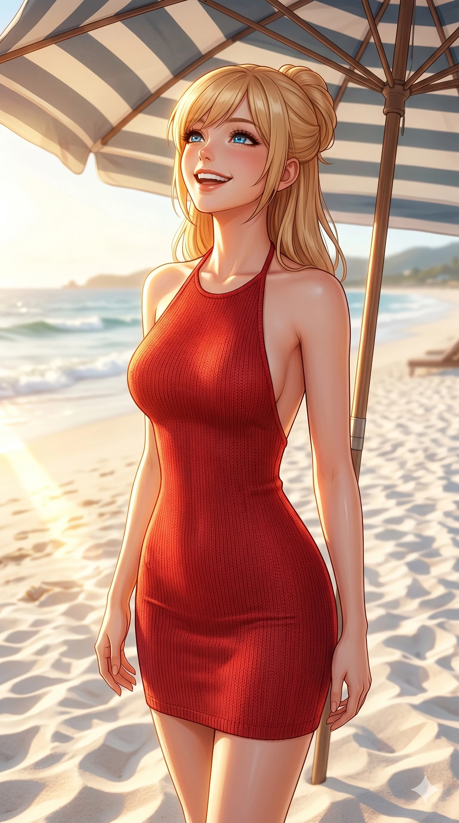 score_9, masterpiece, best quality, ultra-detailed, high-budget anime keyframe, editorial fashion photography, tasteful artistic composition, Caucasian woman, strictly human ears. cowboy shot from the thighs up, character and outfit filling the frame for maximum editorial presence. looking up with a happy, beaming expression, her eyes glowing with joy and tease on a sandy beach under a large canvas umbrella. She has an absolutely perfect 8-heads proportion, an exceptionally tall and slender female figure with impossibly long slender legs and an ultra-slim waist. V-shaped jawline, high-bridge nose, intricate jewel-like eyes with depth, thick eyelashes, glossy lips with a natural sheen. wearing a skin-tight red knit dress with a graceful halter neck and a scooped open back. drenched in warm afternoon sunbeams reflecting off the white sand, creating a bright glow. 2k, ultra detail, master piece, 9:16 ratio