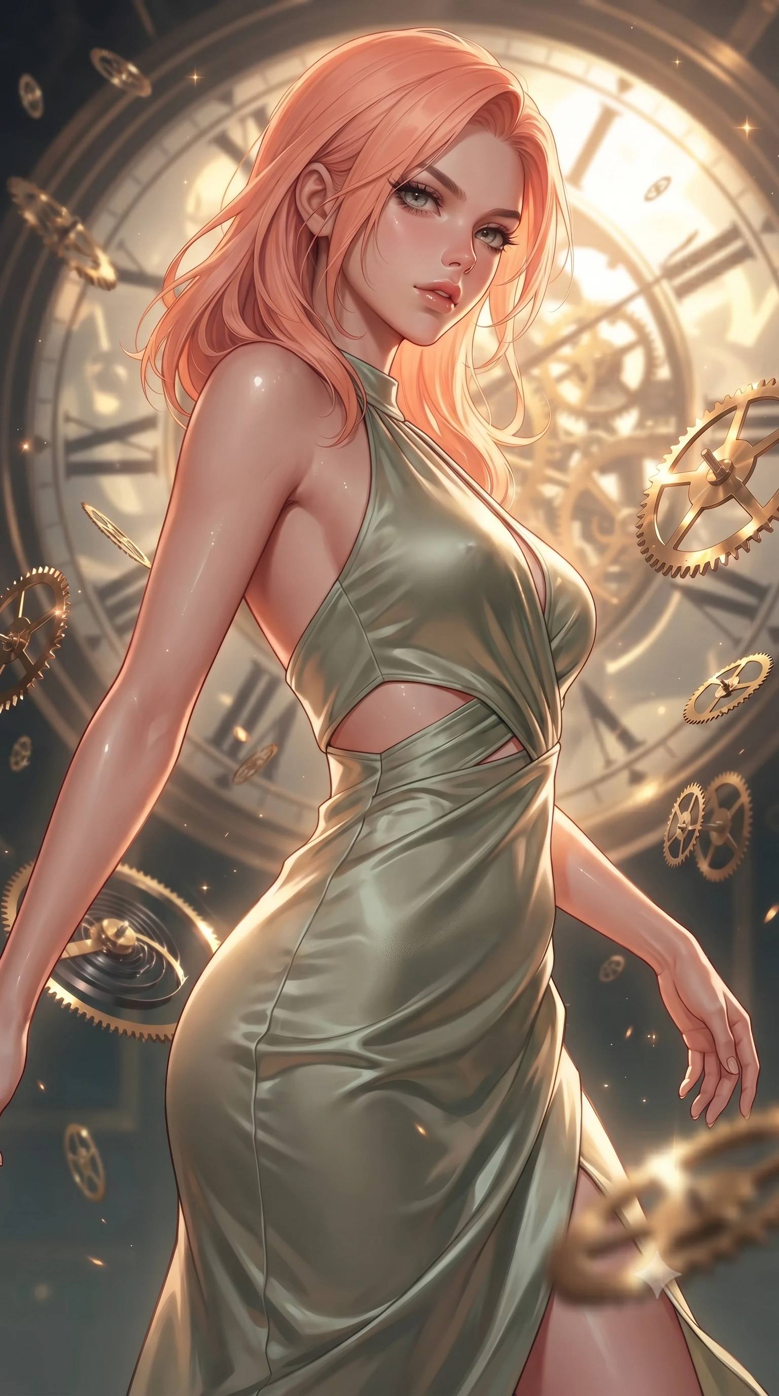 score_9, masterpiece, best quality, ultra-detailed, high-budget anime keyframe, editorial fashion photography, tasteful artistic composition, Japanese woman. close-up cowboy shot from the waist and thighs up, the character dominates the composition, filling the frame with her large presence, background elements kept in soft focus. Pivoting sharply while looking back over her shoulder with heavy lashes and a confident, intense gaze while pivoting sharply with her torso tilted as brass gears rain around her in slow motion, floating brass gears and clocksprings casting intricate metallic reflections. She has an exceptionally elegant, slender, and willowy female figure with an ultra-slim waist, a gracefully sculpted slender torso, and a refined silhouette. sharp v-shaped jawline, high-bridge nose, intricate jewel-like eyes with depth, thick eyelashes, glossy lips with a natural sheen, flawlessly proportioned anatomical accuracy, natural body alignment, perfectly sculpted elegant limbs, clean dynamic posture without body distortion. wearing a velvet halter-neck midi dress following her form like a glove in sage green and oatmeal, crafted from lustrous satin jersey with fluid draping, featuring subtle geometric cutouts that highlight her ultra-slim midriff, the glove-like fit emphasizing her statuesque silhouette during motion. illuminated by a brilliant golden hour glow filtering through clockwork dials. ultra-reflective glossy finish, specular highlights, metallic sheen, high-contrast stereoscopic depth, volumetric dynamic lighting, 2k, ultra detail, master piece, 9:16 ratio