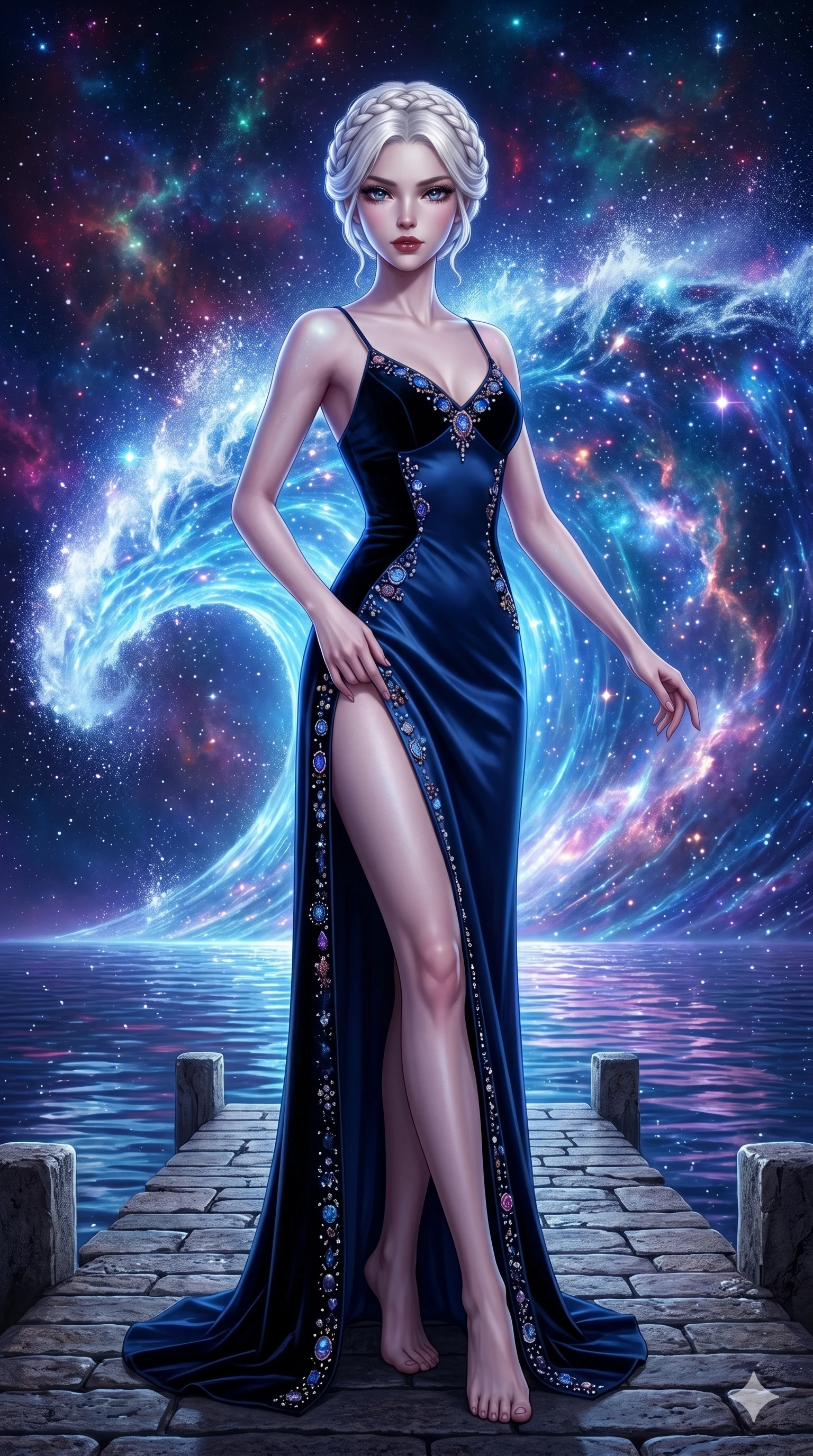 score_9, masterpiece, best quality, ultra-detailed, Set A: Photorealistic 8k CG, Japanese woman. Low angle cowboy shot filling the entire 9:16 frame with her statuesque presence. Standing on a pier as a giant wave of light crashes behind her in a cosmic ocean. She has an absolutely perfect 8-heads proportion, an exceptionally tall and slender female figure with impossibly long slender legs and an ultra-slim waist. Sharp v-shaped jawline, high-bridge nose, intricate jewel-like eyes with depth, thick eyelashes, glossy lips. Wearing a High-Fashion Editorial outfit: slip dress with a dangerously high side slit and velvet detail. Background is a bright and colorful starry sea with a glowing blue wave and nebula sky. 2k, ultra detail, master piece, 9:16 ratio