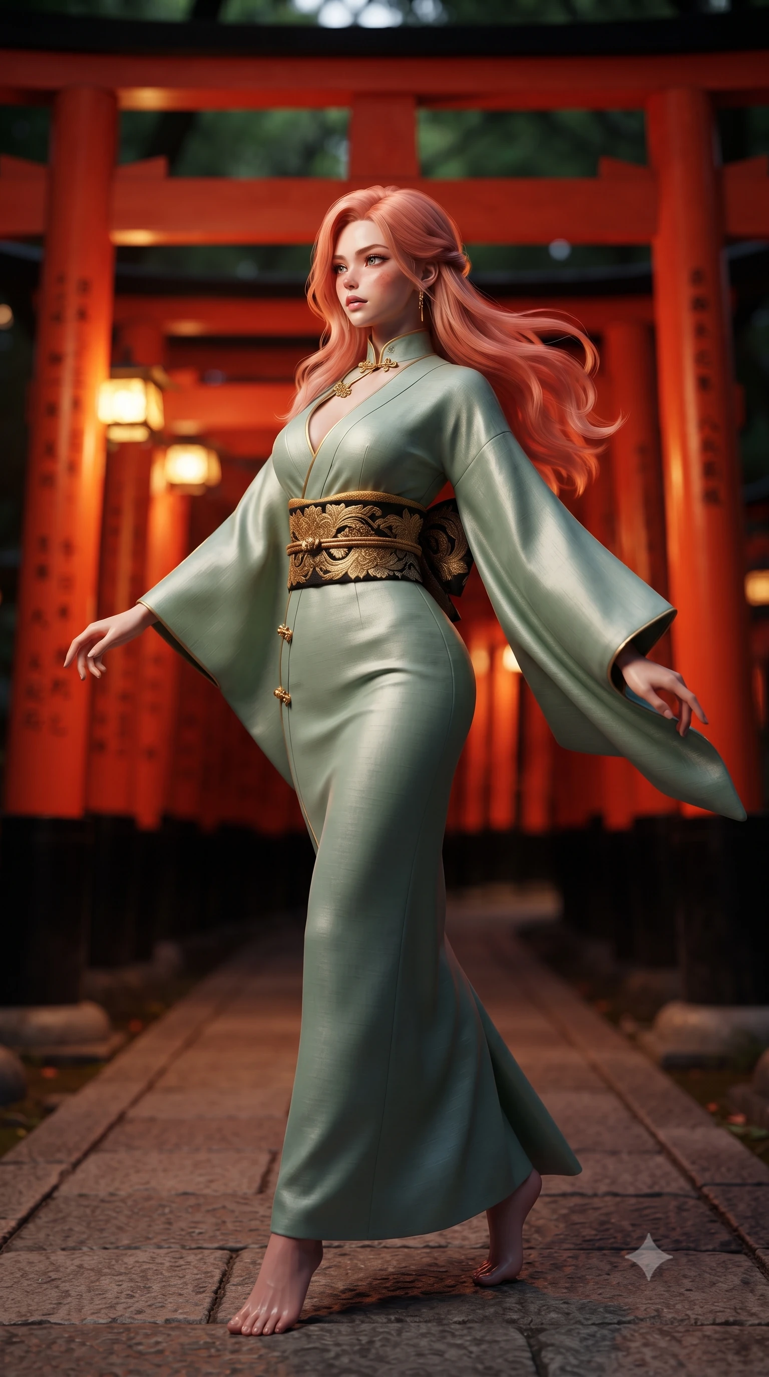 score_9, masterpiece, best quality, ultra-detailed, high-budget anime keyframe, editorial fashion photography, tasteful artistic composition, Japanese woman. low angle full-body shot from head to toe showing her feet, filling the entire 9:16 vertical frame with her statuesque presence, stretching her vertical silhouette. executing a graceful dancer pivot turn as her layered silk chima skirt flutters around her slender legs, glancing over her shoulder with an intoxicating bedroom-gaze while pausing beneath an illuminated mountain shrine archway, her statuesque presence commanding the sacred vermilion tunnel. The background shows a soft-focus thousands of tightly packed vermilion torii gates curving up Mount Inari blurred into fiery scarlet, vermilion, and forest shadow bokeh. She has an absolutely perfect, statuesque 8.5-heads proportion, an exceptionally tall and slender model-like female figure with impossibly long slender legs, an ultra-slim waist, a flat toned midriff, narrow delicate ribcage, and beautifully sculpted feminine hips creating a graceful, slim hourglass silhouette without any bulky heaviness. sharp v-shaped jawline, high-bridge nose, intricate jewel-like dark sparkling almond eyes with depth, thick lashes, glossy parted lips with a natural rose-plum sheen, bright alluring and coquettish smile with bedroom-eyes, exuding both timeless oriental elegance and sovereign high-fashion allure, flawlessly proportioned anatomical accuracy, strict slender model proportions, natural body alignment, perfectly sculpted long slender limbs, ultra-slim waistline, clean dynamic posture without body distortion. wearing a deep plunging-V modern kimono gown with wide flowing sleeves and a waist-cinching gold embroidered sash in antique saffron gold and ebony black, tailored from smooth celadon raw silk with natural organic slub texture, accented with intricate gold frog buttons and a delicate mandarin collar, the glove-like silhouette tightly following the natural contour of her hips and long slender legs with youthful 8.5-heads elegance. bathed in radiant vermilion and warm lantern illumination echoing endlessly down the wooden tunnel. ultra-reflective glossy finish, specular highlights, rich textural contrasts, high-contrast stereoscopic depth, volumetric dynamic lighting, 2k, ultra detail, master piece, 9:16 ratio
