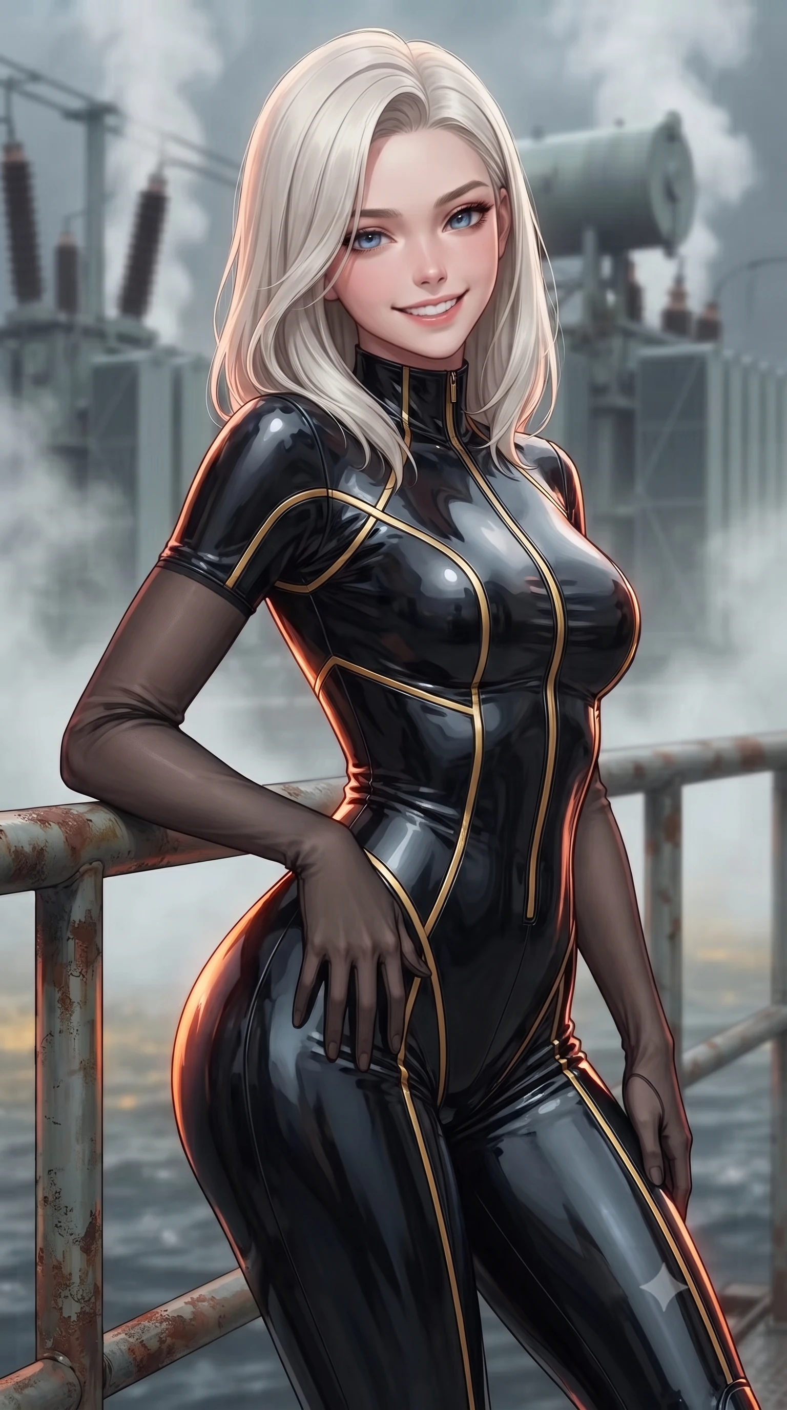 score_9, masterpiece, best quality, ultra-detailed, high-budget anime keyframe, editorial fashion photography, tasteful artistic composition, Caucasian woman. close-up cowboy shot from the waist and thighs up, the character dominates the composition, filling the frame with her large presence. tilting her head with a teasing half-smile, running one hand slowly down the side of her hip in a flirtatious S-curve as ambient light caresses her silhouette while leaning against the weathered industrial rail with hips cocked back, looking through rising volcanic steam at towering electrical transformers with heavy-lidded bedroom-eyes. The background shows a soft-focus sulfur-scented volcanic mist softened in offshore geothermal fortress shallow focus. She has an exceptionally elegant, slender, and willowy female figure with an ultra-slim waist, flat toned midriff, narrow ribcage, and sculpted feminine hips creating an alluring, slim hourglass silhouette without bulk. sharp v-shaped jawline, high-bridge nose, intricate jewel-like sparkling eyes with depth, thick eyelashes, glossy parted lips with a natural peach sheen, bright cheerful beaming smile with an enchanting and coquettish sensual glint, exuding both youthful cute charm and seductive allure, flawlessly proportioned anatomical accuracy, strict slender model proportions, natural body alignment, perfectly sculpted long slender limbs, ultra-slim waistline, clean dynamic posture without body distortion. wearing an ultra-sleek second-skin tactical combat bodysuit made of liquid-gloss neoprene with reinforced ribcage contouring seams hugging her hourglass figure in solar-wind gold and deep space void black, tailored from high-gloss patent leather with mirror-like specular highlights, complemented by sheer opera-length evening gloves tracing her slender arms, the form-contouring silhouette accentuating her sculpted flat midriff, narrow delicate ribcage, and gracefully curvy hips with intoxicating allure. illuminated by wet basalt deck reflection bounce and sharp magma-orange rim lights sculpting her razor-sharp jawline, narrow waist, and curvy hips. ultra-reflective glossy finish, specular highlights, rich textural contrasts, high-contrast stereoscopic depth, volumetric dynamic lighting, 2k, ultra detail, master piece, 9:16 ratio