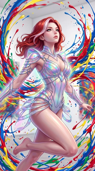 score_9, masterpiece, best quality, ultra-detailed, high-budget anime keyframe, Caucasian woman, strictly human ears. upper body close-up from the thighs up, character filling the screen for maximum presence. leaping into a vorticist paint splatter d