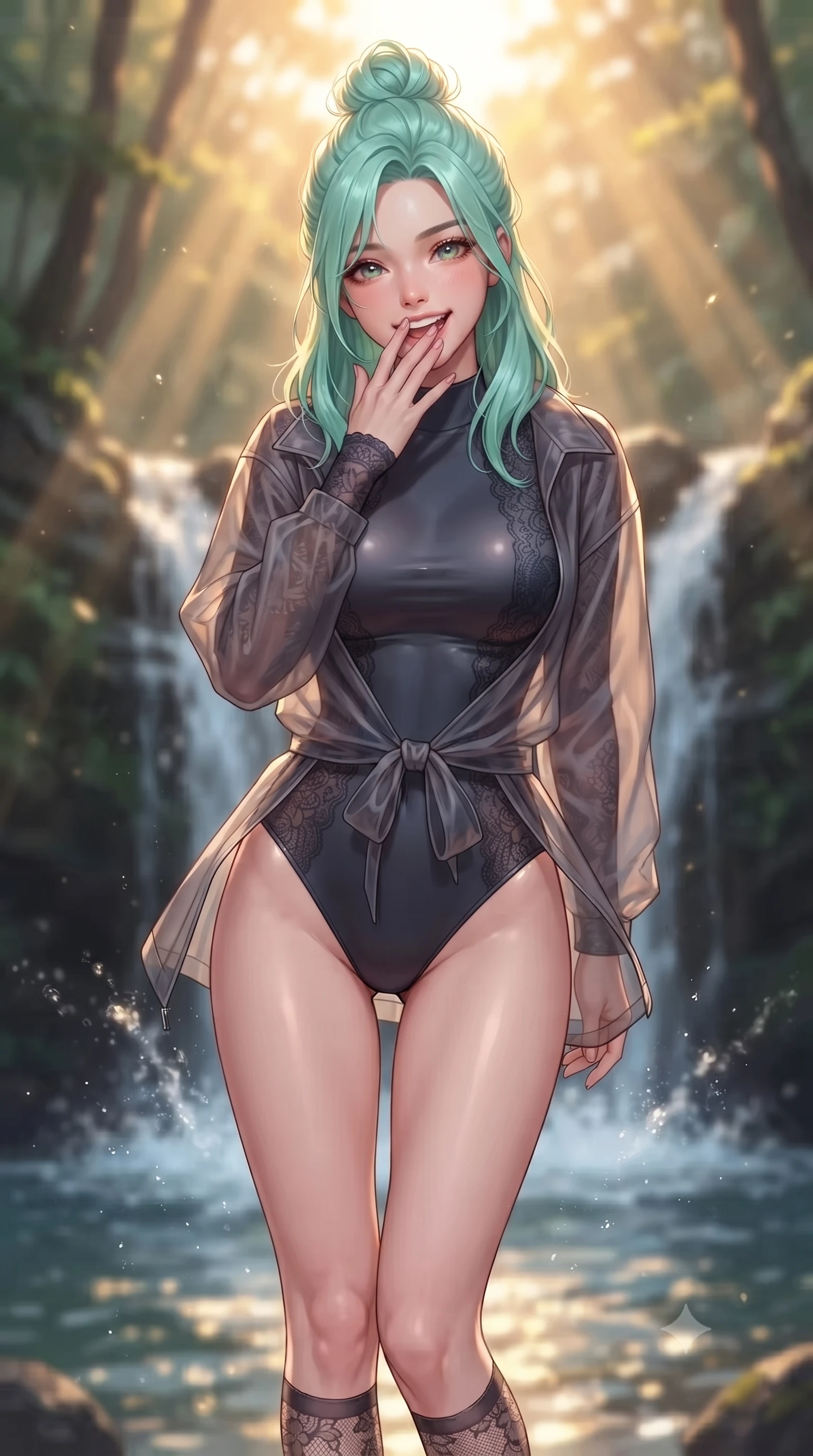 score_9, masterpiece, best quality, ultra-detailed, high-budget anime keyframe, editorial fashion photography, tasteful artistic composition, Japanese woman. close-up cowboy shot from the waist and thighs up, the character dominates the composition, filling the frame with her large presence, background elements kept in soft focus. giggling cutely behind her hand, her eyes sparkling with joy and bright energy set against a soft-focus background of near a beautiful forest waterfall with clean water splashing into a pool carrying a light windbreaker jacket tied around her waist. She has an exceptionally elegant, slender, and willowy female figure with an ultra-slim waist, a gracefully sculpted slender torso, and a refined silhouette. sharp v-shaped jawline, high-bridge nose, intricate jewel-like eyes with depth, thick eyelashes, glossy lips with a natural sheen. wearing slim-fit sleek bodysuit featuring fine dark lace pattern details and a sheer utility jacket. golden hour sunset light slicing through the valley gorge in warm rays. ultra-reflective glossy finish, specular highlights, metallic sheen, high-contrast stereoscopic depth, volumetric dynamic lighting, 2k, ultra detail, master piece, 9:16 ratio
