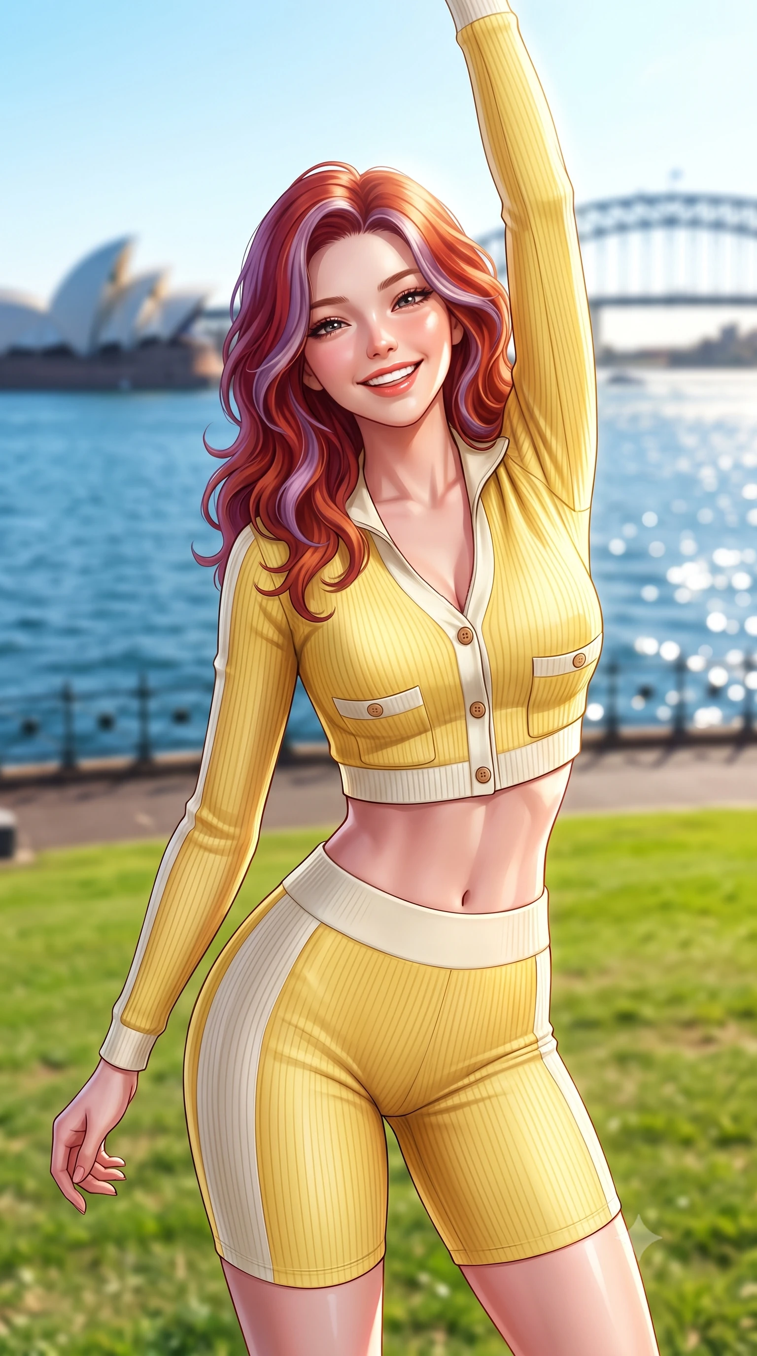 score_9, masterpiece, best quality, ultra-detailed, high-budget anime keyframe, semi-realistic 3D game render, editorial fashion photography, tasteful artistic composition, Caucasian woman. close-up cowboy shot from the waist and thighs up, the character dominates the composition, filling the frame with her large presence. playfully stretching one arm overhead toward the sun, her radiant smile capturing fresh girlhood charm while her arched torso reveals an intoxicating hip contour while standing on the sloping green lawn directly overlooking the sparkling blue harbour, arching her back with an infectious, sun-kissed smile. The composition keeps background elements in soft focus with dreamy creamy bokeh. glistening blue harbour waters, white sails of the Sydney Opera House, and Harbour Bridge blurred into sapphire, pearl-white, and gold bokeh. She has an exceptionally elegant, slender, and willowy female figure with an ultra-slim waist, flat toned midriff, narrow ribcage, and sculpted feminine hips creating an alluring, slim hourglass silhouette without bulk. sharp v-shaped jawline, high-bridge nose, intricate jewel-like sparkling eyes with depth, thick eyelashes, glossy parted lips with a natural peach sheen, bright cheerful beaming smile with an enchanting and coquettish sensual glint, exuding both youthful cute charm and seductive allure, flawlessly proportioned anatomical accuracy, strict slender model proportions, natural body alignment, perfectly sculpted long slender limbs, ultra-slim waistline, clean dynamic posture without body distortion. wearing a sporty chic zip-up crop jacket paired with high-waisted biker shorts clinging to her athletic hips in bright butter yellow and fresh cream white, formed from supple second-skin stretch ribbed knit clinging to her form, finished with neat front wooden buttons and delicate pocket details, the liquid-tight tailored fabric clinging flawlessly to her narrow waist and rounded feminine hips, emphasizing every millimeter of her sculpted slim hourglass curves without any bulky heaviness. illuminated by intense specular sea reflections sharply carving her razor-sharp jawline, narrow waist, and curvy hips. highly saturated vibrant anime colors, detailed shading with soft gradients, rich glossy textures, high-contrast stereoscopic depth, volumetric dynamic lighting, master piece, 9:16 ratio