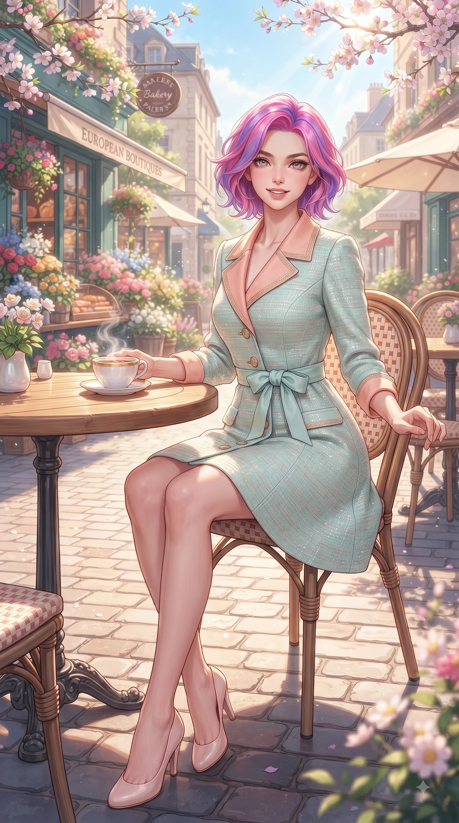 score_9, masterpiece, best quality, ultra-detailed, high-budget anime keyframe, editorial fashion photography, tasteful artistic composition, Caucasian woman. low angle full-body shot from head to toe showing her feet, filling the entire 9:16 vertical frame with her statuesque presence, stretching her vertical silhouette. performing a cheerful mid-motion turn with flawless poise, her radiant smile capturing fresh girlhood energy while sitting gracefully at a sunlit wooden terrace table of a cozy bakery with a steaming cup of tea. The surrounding environment is rendered in vivid detail and crisp panoramic clarity. vibrant European-style flower boutiques, cobblestone paths, and detailed outdoor cafe seating under clear morning sun. She has an absolutely perfect, statuesque 8.5-heads proportion, an exceptionally tall and slender model-like female figure with impossibly long slender legs and an ultra-slim waist. sharp v-shaped jawline, high-bridge nose, intricate jewel-like eyes with depth, thick eyelashes, glossy lips with a natural sheen, flawlessly proportioned anatomical accuracy, natural body alignment, perfectly sculpted elegant limbs, clean dynamic posture without body distortion. wearing a stylish pastel mint trench dress with a tied belt waist and folded collar in peach blossom pink and warm oatmeal, tailored from soft pastel tweed with subtle metallic thread, accented with a dainty waist ribbon bow, the chic real-way fashion cut emphasizing her effortless charm. illuminated by gentle sunbeams streaming through blooming flower branches. ultra-reflective glossy finish, specular highlights, metallic sheen, high-contrast stereoscopic depth, volumetric dynamic lighting, 2k, ultra detail, master piece, 9:16 ratio