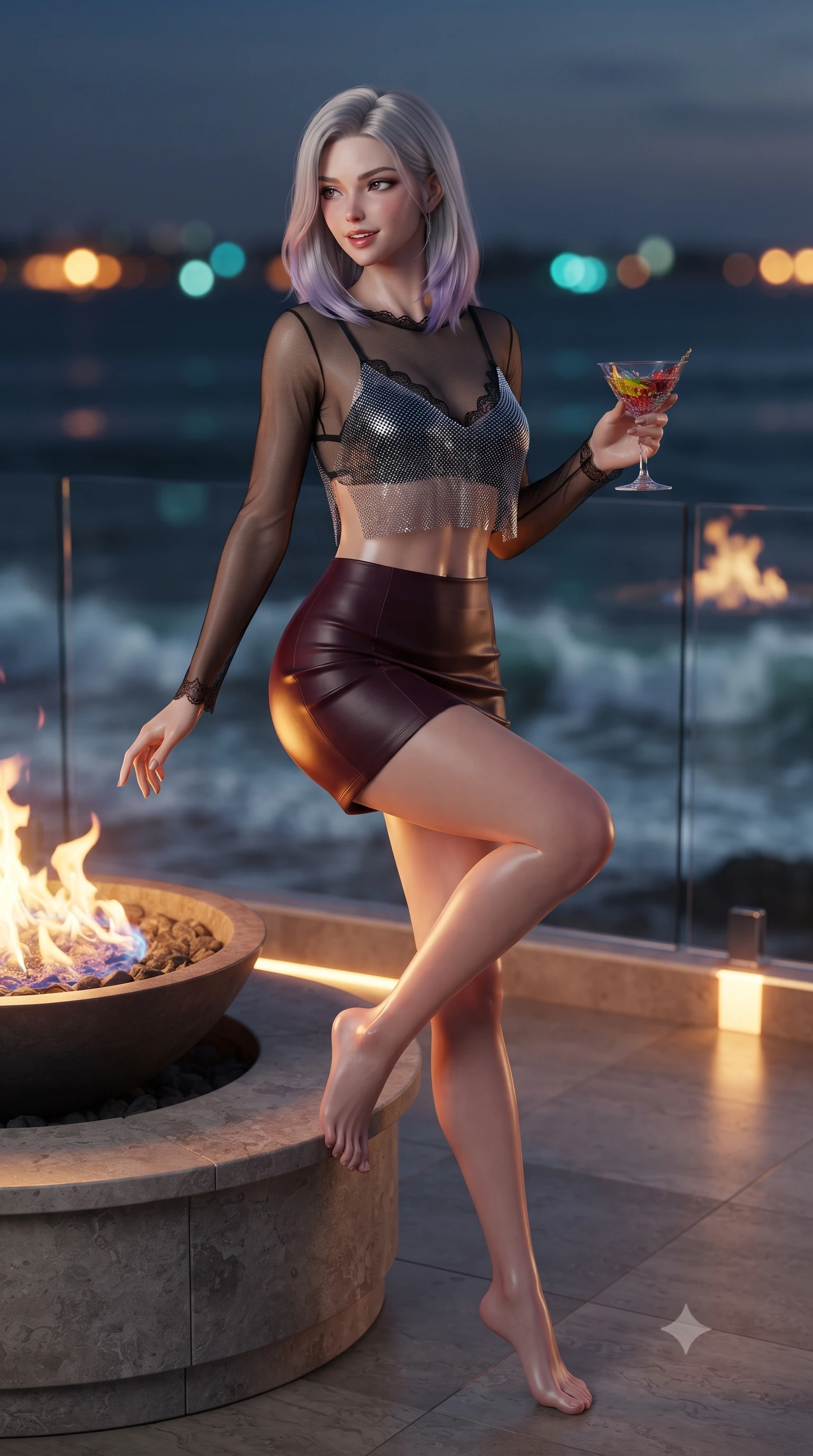 score_9, masterpiece, best quality, ultra-detailed, high-budget anime keyframe, editorial fashion photography, tasteful artistic composition, Caucasian woman. low angle full-body shot from head to toe showing her feet, filling the entire 9:16 vertical frame with her statuesque presence, stretching her vertical silhouette. executing a slow, graceful pivot turn as her skirt sways around her slender legs, glancing back with an enchanting, teasing sensual expression while sitting perched on the circular stone rim with legs crossed, holding a cocktail with an alluring, parted-lip smile. The background shows a soft-focus dancing orange-and-blue fire bowl flames, sheer glass balustrade overlooking illuminated crashing waves, and dark sea blurred into amber, turquoise, and slate bokeh. She has an absolutely perfect, statuesque 8.5-heads proportion, an exceptionally tall and slender model-like female figure with impossibly long slender legs, an ultra-slim waist, a flat toned midriff, narrow delicate ribcage, and beautifully sculpted feminine hips creating a graceful, slim hourglass silhouette without any bulky heaviness. sharp v-shaped jawline, high-bridge nose, sparkling eyes with hypnotic seductive depth, thick curled eyelashes, glossy parted lips with a natural dewy peach sheen, alluring bedroom-eyes with an enchanting coquettish smile, exuding magnetic siren charisma and sophisticated glamour, flawlessly proportioned anatomical accuracy, strict slender model proportions, natural body alignment, perfectly sculpted long slender limbs, ultra-slim waistline, clean dynamic posture without body distortion. wearing a sheer mesh long-sleeve crop top over an opaque strappy micro-bralette and a sleek leatherette mini skirt in Gion dark cherry and midnight obsidian, crafted from shimmering fluid chainmail mesh reflecting ambient lights, finished with scalloped eyelash lace trim framing her sweetheart neckline with intimate elegance, the precision-cut side openings and low-back scoop framing her graceful spine and the sensual sweep of her slim, toned hips. illuminated by polished terrace reflection bounce and sharp flame-gold rim lights defining her jawline, flat midriff, and voluptuous hip curves. ultra-reflective glossy finish, specular highlights, rich textural contrasts, high-contrast stereoscopic depth, volumetric dynamic lighting, 2k, ultra detail, master piece, 9:16 ratio