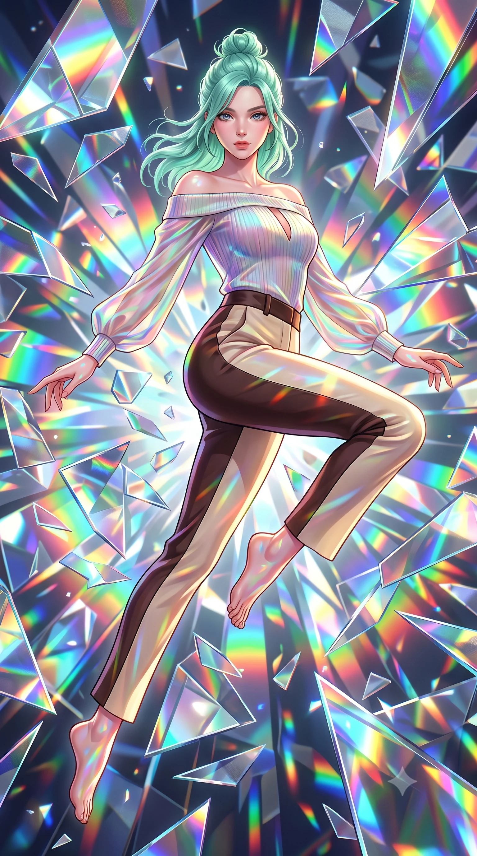 score_9, masterpiece, best quality, ultra-detailed, high-budget anime keyframe, editorial fashion photography, tasteful artistic composition, Japanese woman. low angle full-body shot from head to toe showing her feet, filling the entire 9:16 vertical frame with her statuesque presence, stretching her vertical silhouette. leaping gracefully through mid-air with statuesque elegance, her impossibly long slender legs stretched in perfect balance while poised in a dynamic low-angle stance as shattered mirror shards freeze around her, a kaleidoscope of refractions forming geometric light patterns on her skin. She has an absolutely perfect, statuesque 8.5-heads proportion, an exceptionally tall and slender model-like female figure with impossibly long slender legs and an ultra-slim waist. sharp v-shaped jawline, high-bridge nose, intricate jewel-like eyes with depth, thick eyelashes, glossy lips with a natural sheen, flawlessly proportioned anatomical accuracy, natural body alignment, perfectly sculpted elegant limbs, clean dynamic posture without body distortion. wearing a sleek off-shoulder ribbed knit top paired with high-waist tailored pants in espresso brown and warm cream, crafted from iridescent chiffon that shifts colors in the light, accented with a Tasteful chest slit framing her clavicle gracefully, the glove-like fit emphasizing her statuesque silhouette during motion. bathed in brilliant multi-color rainbow light refracting through mirror fragments. highly saturated vibrant anime colors, detailed shading with soft gradients, rich glossy textures, high-contrast stereoscopic depth, volumetric dynamic lighting, master piece, 9:16 ratio