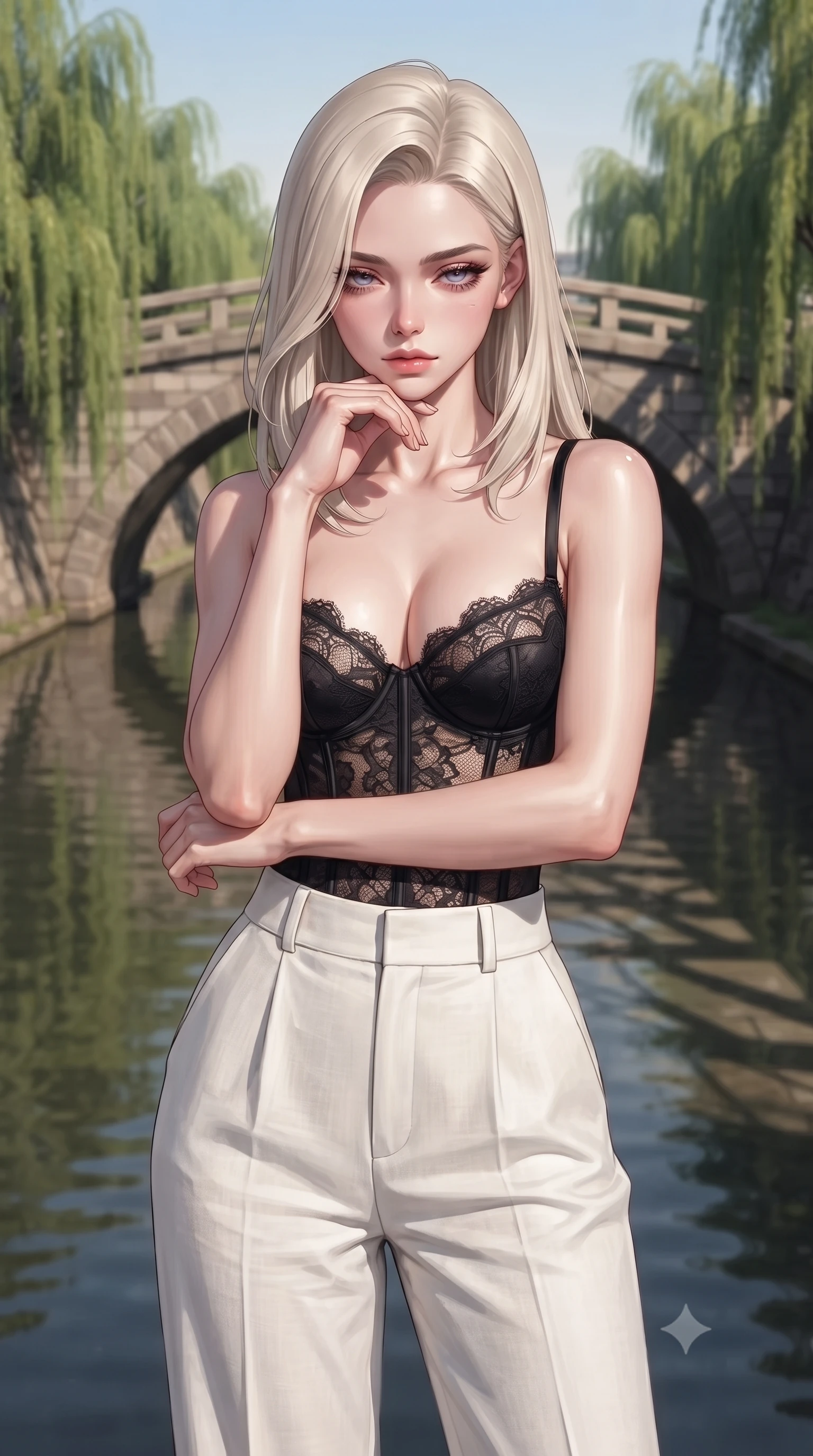 score_9, masterpiece, best quality, ultra-detailed, high-budget anime keyframe, editorial fashion photography, tasteful artistic composition, Caucasian woman woman. close-up cowboy shot from the waist and thighs up, the character dominates the composition, filling the frame with her large presence, background elements kept in soft focus. resting her chin on the backs of her fingers, casting a heavy-lidded, sultry look past the camera the background shows a soft-focus a classic stone arch bridge over a quiet city canal, with green weeping willows lining the banks. She has an exceptionally elegant, slender, and willowy female figure with an ultra-slim waist, a gracefully sculpted slender torso, and a refined silhouette. sharp v-shaped jawline, high-bridge nose, intricate jewel-like eyes with depth, thick eyelashes, glossy lips with a natural sheen. wearing a tailored delicate lace corset top in black silk, paired with high-waisted white linen trousers. late afternoon sun casting long shadows of the willows on the water. ultra-reflective glossy finish, specular highlights, metallic sheen, high-contrast stereoscopic depth, volumetric dynamic lighting, 2k, ultra detail, master piece, 9:16 ratio