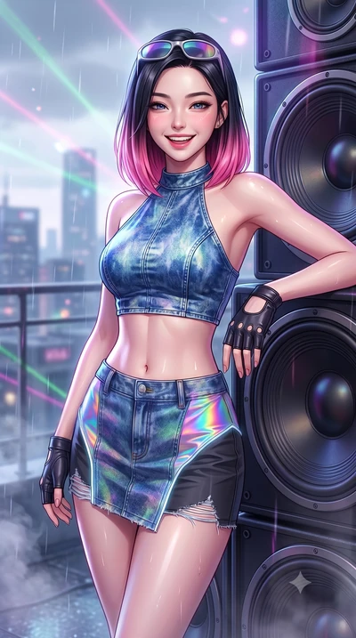 score_9, masterpiece, best quality, ultra-detailed, high-budget anime keyframe, semi-realistic 3D game render, editorial fashion photography, tasteful artistic composition, Korean woman. close-up cowboy shot from the waist and thighs up, the characte
