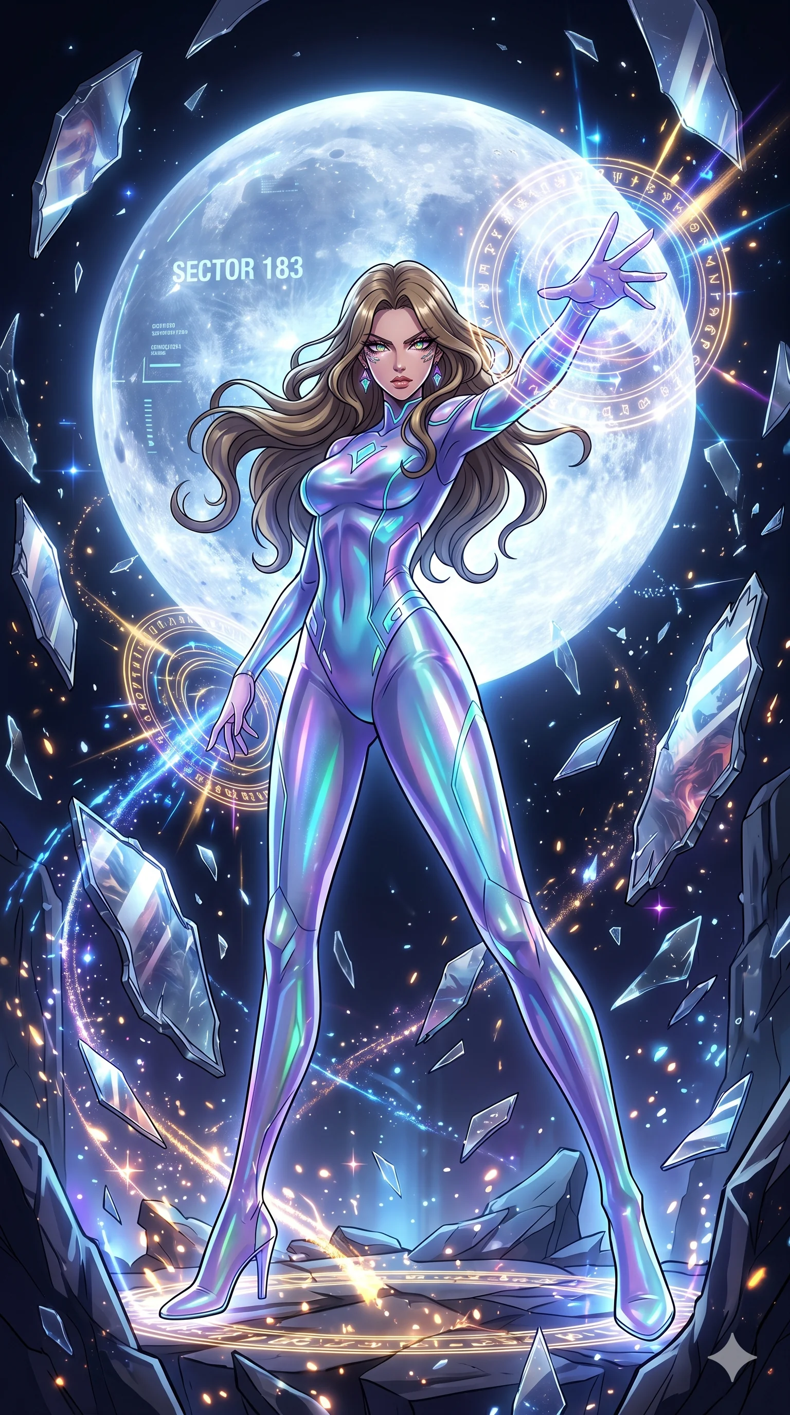score_9, masterpiece, best quality, ultra-detailed, Set A: High-budget Anime Keyframe, Caucasian (strictly human ears) woman. Low angle cowboy shot filling the entire 9:16 frame with her statuesque presence. Casting a spell through a dimension of floating mirrors, with a massive holographic moon rising behind her marked as sector 183 and surrounded by shattered glass fragments. She has an absolutely perfect 8-heads proportion, an exceptionally tall and slender female figure with impossibly long slender legs and an ultra-slim waist. Sharp v-shaped jawline, high-bridge nose, intricate jewel-like eyes with depth, thick eyelashes, glossy lips with a natural sheen. Wearing High-cut bodysuit made of liquid-crystal fabric that changes color with movement. Cinematic lighting, vibrant colors, dramatic shadows, 2k, ultra detail, master piece, 9:16 ratio