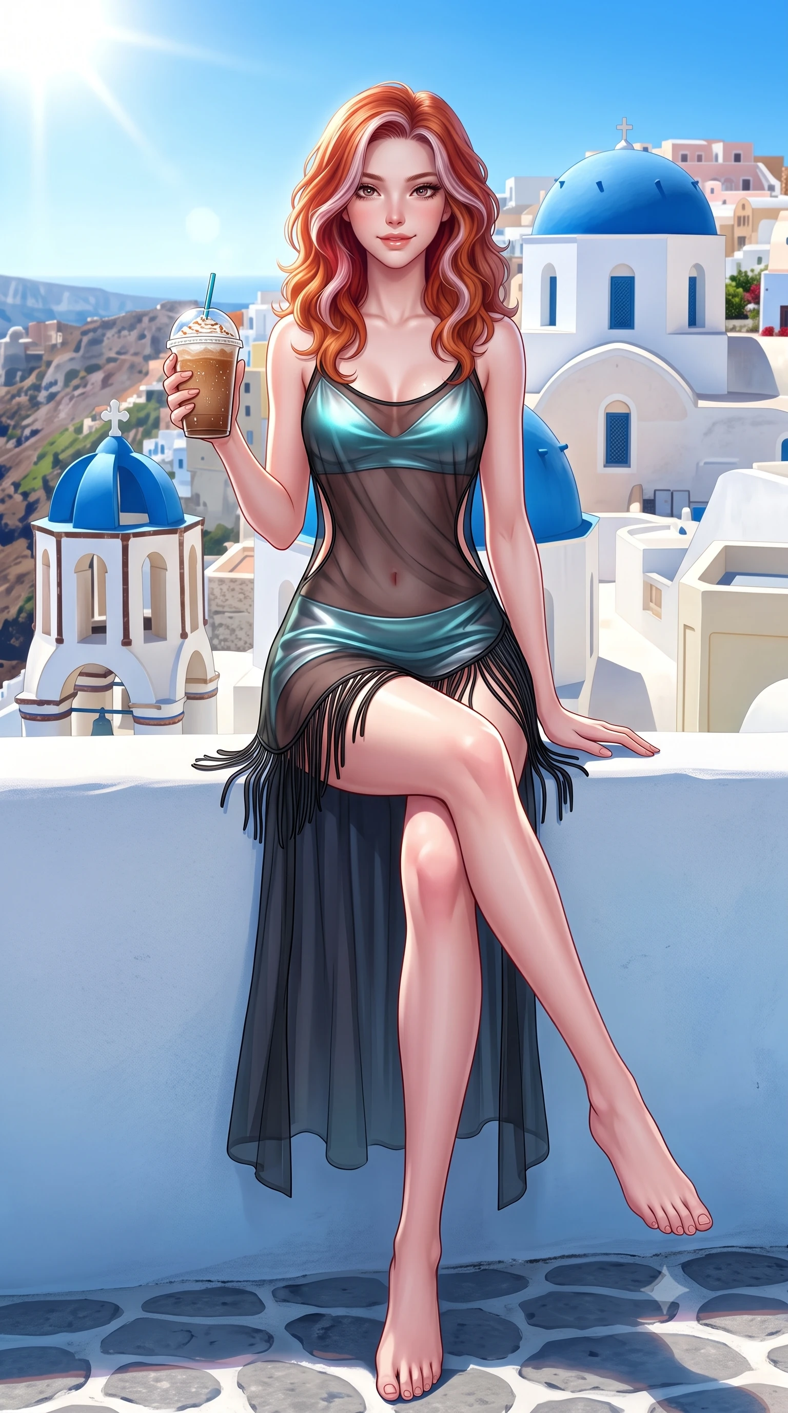 score_9, masterpiece, best quality, ultra-detailed, high-budget anime keyframe, semi-realistic 3D game render, editorial fashion photography, tasteful artistic composition, Caucasian woman. low angle full-body shot from head to toe showing her feet, filling the entire 9:16 vertical frame with her statuesque presence, stretching her vertical silhouette. stepping slowly toward the camera with hypnotic grace, hips swaying in an alluring sensual rhythm that accentuates her curvy hourglass silhouette and long slender legs while sitting perched on the whitewashed wall with legs crossed, holding an iced frappe while casting a teasing, coquettish smile. The surrounding environment is rendered in vivid detail and crisp panoramic clarity: detailed plunging zip rashguard cling, glossy lip sheen, and classic Cycladic architecture in razor-sharp precision. She has an absolutely perfect, statuesque 8.5-heads proportion, an exceptionally tall and slender model-like female figure with impossibly long slender legs, an ultra-slim waist, a flat toned midriff, narrow delicate ribcage, and beautifully sculpted feminine hips creating a graceful, slim hourglass silhouette without any bulky heaviness. sharp v-shaped jawline, high-bridge nose, sparkling eyes with hypnotic seductive depth, thick curled eyelashes, glossy parted lips with a natural dewy peach sheen, alluring bedroom-eyes with an enchanting coquettish smile, exuding magnetic siren charisma and sophisticated glamour, flawlessly proportioned anatomical accuracy, strict slender model proportions, natural body alignment, perfectly sculpted long slender limbs, ultra-slim waistline, clean dynamic posture without body distortion. wearing a sheer black gauze fringe slip dress worn over a liquid satin undergarment, hugging her flat midriff and hips in shimmering turquoise aqua and pure pearl alabaster, made of sheer gossamer chiffon that drapes softly against skin with airy translucence, finished with a delicate leather fringe trim fluttering along her hip line with kinetic charm, the precision-cut side openings and low-back scoop framing her graceful spine and the sensual sweep of her slim, toned hips. illuminated by Aegean water reflection fill and sharp platinum rim lights sculpting her delicate clavicles, narrow waist, and curvy hips. highly saturated vibrant anime colors, detailed shading with soft gradients, rich glossy textures, high-contrast stereoscopic depth, volumetric dynamic lighting, master piece, 9:16 ratio
