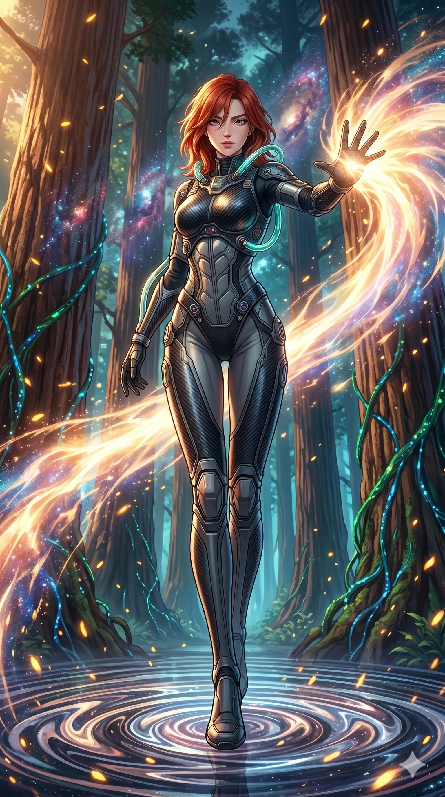score_9, masterpiece, best quality, ultra-detailed, Set A: High-budget Anime Keyframe, Japanese woman. Low angle cowboy shot filling the entire 9:16 frame with her statuesque presence. Theme: Abstract Cosmic. unleashing a massive energy wave in a giant redwood forest with glowing vines, as she steps on ripples of time that distort the space 151. The atmosphere is filled with golden hour with floating embers. She has an absolutely perfect 8-heads proportion, an exceptionally tall and slender female figure with impossibly long slender legs and an ultra-slim waist. Sharp v-shaped jawline, high-bridge nose, intricate jewel-like eyes with depth, glossy lips. Wearing Interstellar pilot suit with glowing oxygen-tubes and a sleek carbon-fiber frame. Cinematic lighting, vivid colors, dramatic shadows, 2k, ultra detail, master piece, 9:16 ratio