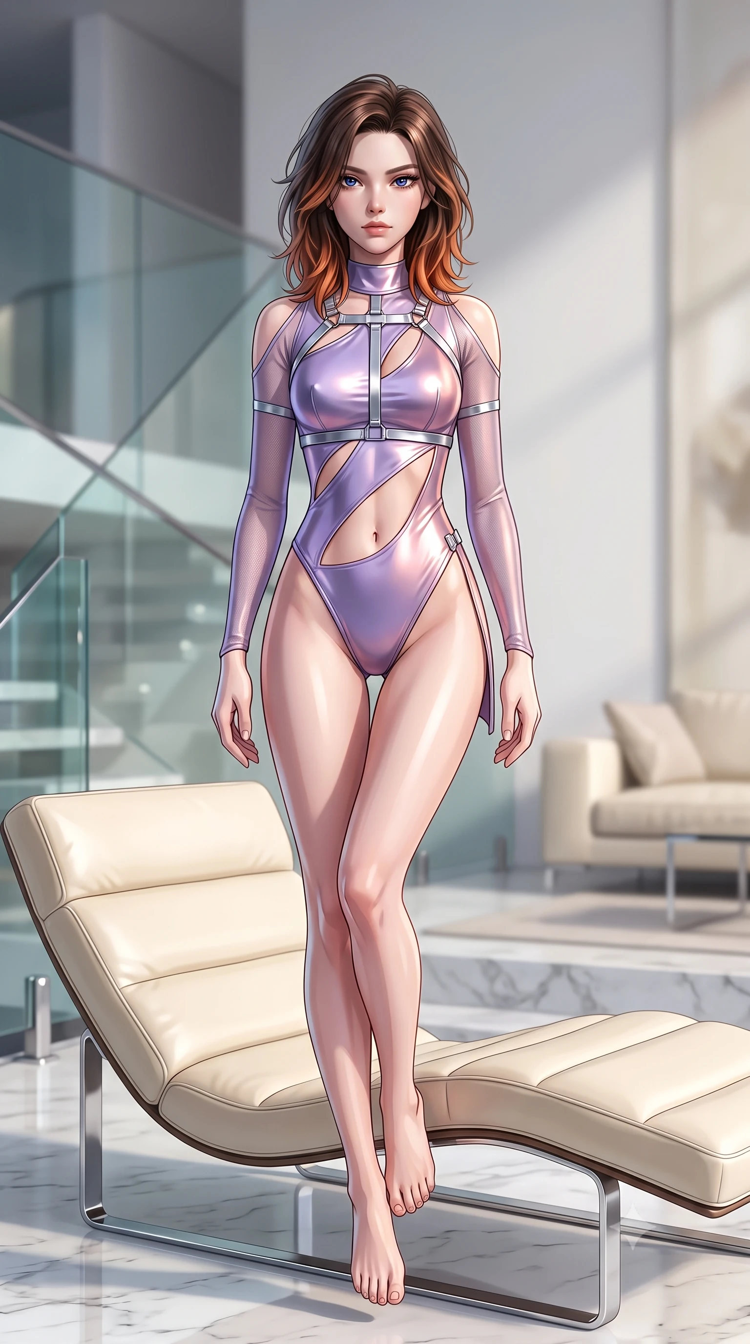 score_9, masterpiece, best quality, ultra-detailed, high-budget anime keyframe, semi-realistic 3D game render, editorial fashion photography, tasteful artistic composition, Korean woman. low angle full-body shot from head to toe showing her feet, filling the entire 9:16 vertical frame with her statuesque presence, stretching her vertical silhouette. performing an alluring mid-air vault with flawless poise, looking directly into the camera with smoldering intensity while stretching her long slender legs along a low white leather lounger as natural daylight floods the interior. The composition keeps background elements in soft focus with creamy bokeh. minimalist designer furnishings and glass railings softened by luminous shallow depth of field. She has an absolutely perfect, statuesque 8.5-heads proportion, an exceptionally tall and slender model-like female figure with impossibly long slender legs, a toned flat midriff, and an ultra-slim waist. sharp v-shaped jawline, high-bridge nose, intricate jewel-like eyes with depth, thick eyelashes, glossy lips with a natural sheen, flawlessly proportioned anatomical accuracy, strict slender model proportions, natural body alignment, perfectly sculpted long slender limbs, ultra-slim waistline, clean dynamic posture without body distortion. wearing an ultra-sleek high-cut tech-bodysuit featuring dangerous diagonal slitted cutouts on the midriff and shoulders, reinforced by a metallic silver harness and sheer mesh sleeves in luminous lavender violet and rose gold, made of liquid metal jersey that clings flawlessly to every contour of her build, finished with an ultra-high side slit secured by miniature magnetic clasps, the sleek second-skin cut tightly hugging her graceful clavicle, narrow waist, and feminine curves with athletic precision. illuminated by crisp white studio key light with specular chrome and marble reflections. highly saturated vibrant anime colors, detailed shading with soft gradients, rich glossy textures, high-contrast stereoscopic depth, volumetric dynamic lighting, master piece, 9:16 ratio