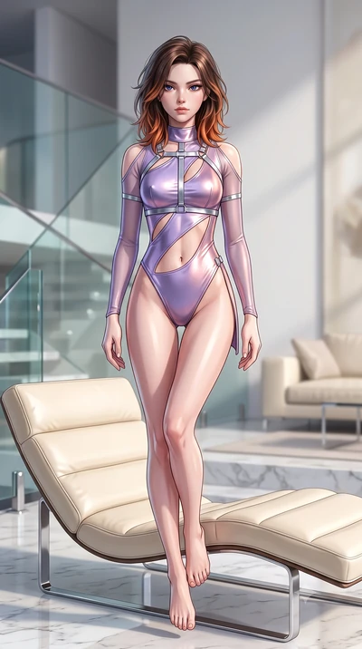 score_9, masterpiece, best quality, ultra-detailed, high-budget anime keyframe, semi-realistic 3D game render, editorial fashion photography, tasteful artistic composition, Korean woman. low angle full-body shot from head to toe showing her feet, fil