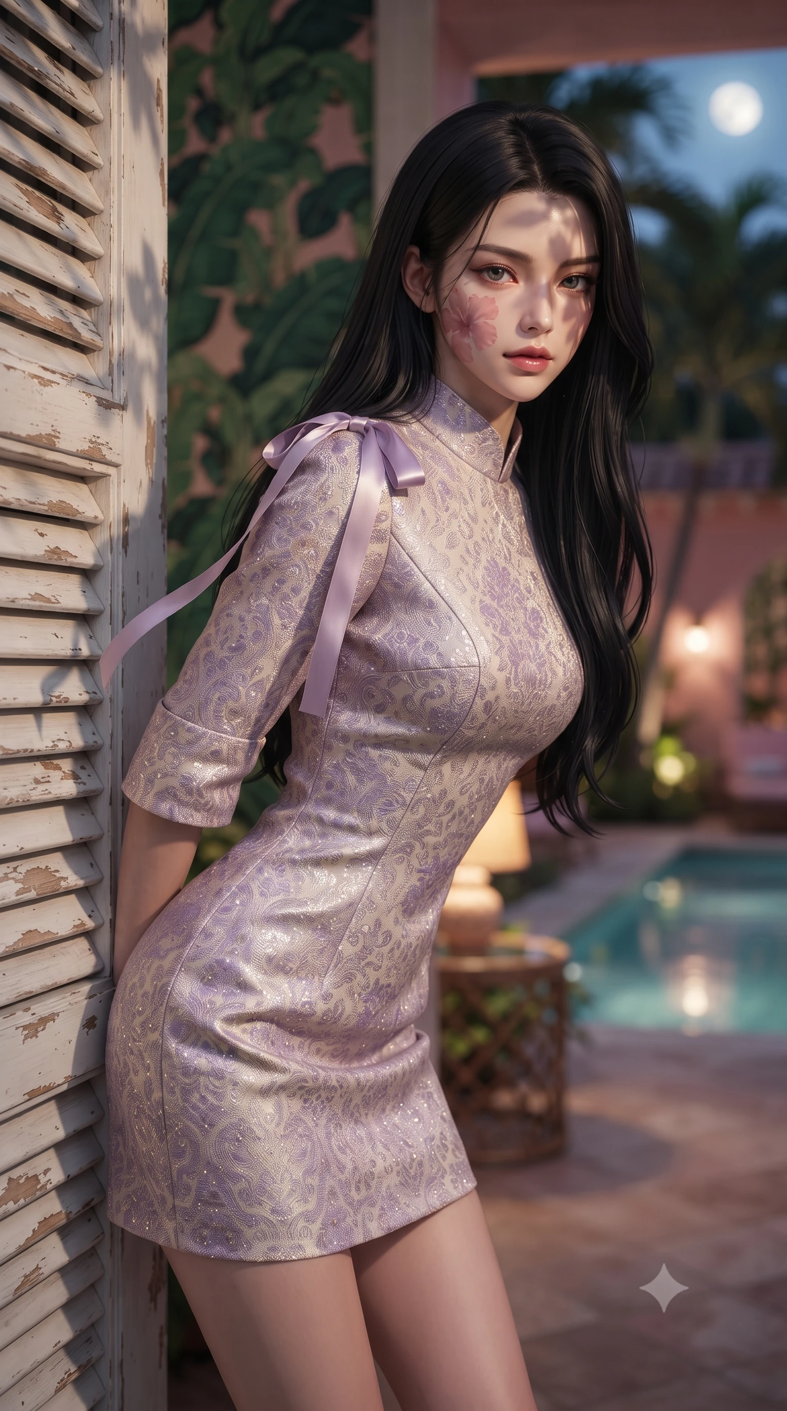 score_9, masterpiece, best quality, ultra-detailed, high-budget anime keyframe, editorial fashion photography, tasteful artistic composition, Korean woman. close-up cowboy shot from the waist and thighs up, the character dominates the composition, filling the frame with her large presence. leaning forward while arching her lower back to accentuate her curvy hips, looking into the camera with an intoxicating smoldering gaze and bedroom-eyes while leaning against the french louvered lanai door with hips cocked back, looking through hibiscus shadows with smoldering bedroom-eyes. The background shows a soft-focus vibrant emerald banana-leaf wallpaper patterns, pink stucco walls of the historic bungalow, and moonlit private pool through palms blurred into emerald, rose pink, and gold bokeh. She has an exceptionally elegant, slender, and willowy female figure with an ultra-slim waist, flat toned midriff, narrow ribcage, and sculpted feminine hips creating an alluring, slim hourglass silhouette without bulk. sharp v-shaped jawline, high-bridge nose, intricate jewel-like sparkling eyes with depth, thick eyelashes, glossy parted lips with a natural peach sheen, bright cheerful beaming smile with an enchanting and coquettish sensual glint, exuding both youthful cute charm and seductive allure, flawlessly proportioned anatomical accuracy, strict slender model proportions, natural body alignment, perfectly sculpted long slender limbs, ultra-slim waistline, clean dynamic posture without body distortion. wearing a refined high-collar French jacquard brocade shift dress with bracelet sleeves in Luberon lavender purple and Provençal limestone cream, woven from structured British tweed with subtle metallic flecks, finished with satin ribbon ties at the shoulders fluttering in the gentle breeze, the bespoke structured tailoring following the natural line of her 8.5-heads silhouette with refined elegance. bathed in the warm, flattering 2700K incandescent glow of rattan table lamps and soft garden up-lights. ultra-reflective glossy finish, specular highlights, rich textural contrasts, high-contrast stereoscopic depth, volumetric dynamic lighting, 2k, ultra detail, master piece, 9:16 ratio