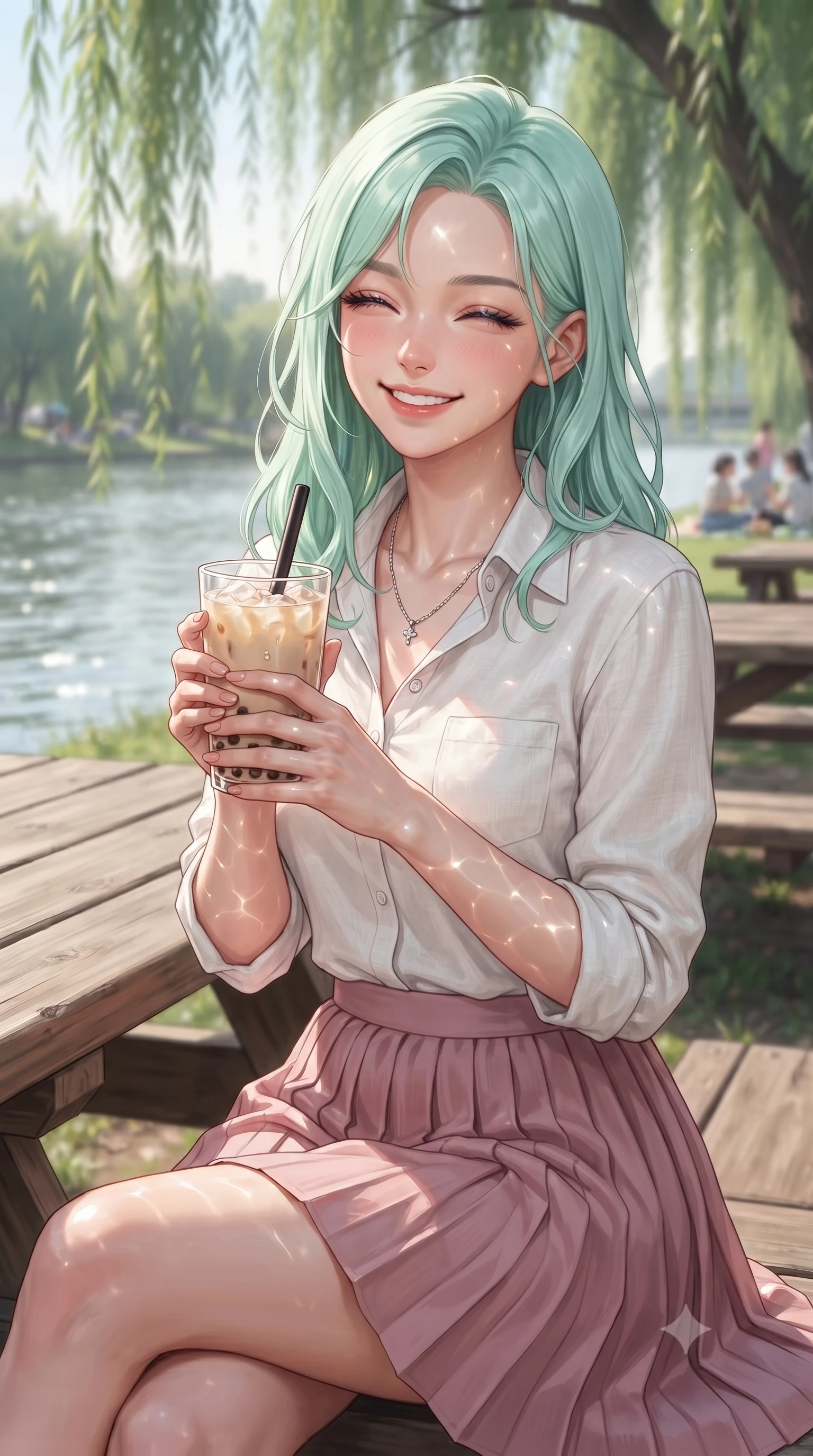 score_9, masterpiece, best quality, ultra-detailed, high-budget anime keyframe, editorial fashion photography, tasteful artistic composition, Japanese woman. close-up cowboy shot from the waist and thighs up, the character dominates the composition, filling the frame with her large presence, background elements kept in soft focus. smiling happily with closed eyes, enjoying the warm sunbeams on her face set against a soft-focus background of at a riverside picnic area with wooden tables under weeping willow trees holding a glass of iced bubble tea with a cheerful expression. She has an exceptionally elegant, slender, and willowy female figure with an ultra-slim waist, a gracefully sculpted slender torso, and a refined silhouette. sharp v-shaped jawline, high-bridge nose, intricate jewel-like eyes with depth, thick eyelashes, glossy lips with a natural sheen. wearing slim-fit casual linen button-down shirt in white, paired with a flowy pleated skirt in dusty pink. bright daylight reflecting off the water, casting shifting ripples on her skin. ultra-reflective glossy finish, specular highlights, metallic sheen, high-contrast stereoscopic depth, volumetric dynamic lighting, 2k, ultra detail, master piece, 9:16 ratio