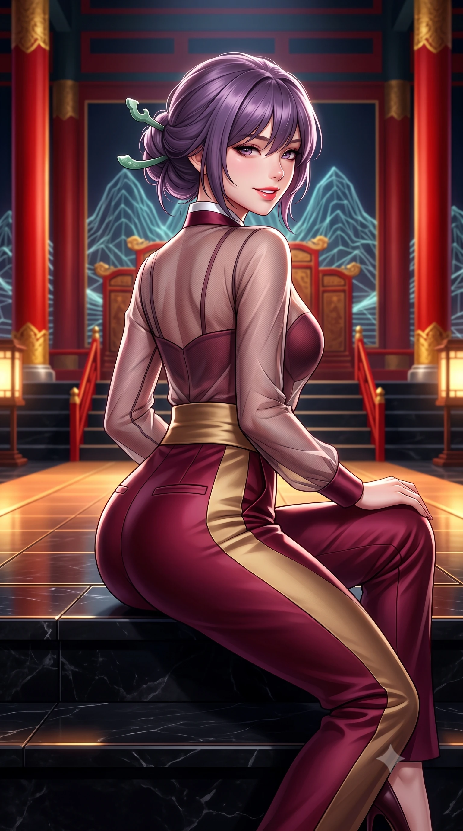 score_9, masterpiece, best quality, ultra-detailed, high-budget anime keyframe, semi-realistic 3D game render, editorial fashion photography, tasteful artistic composition, Japanese woman. close-up cowboy shot from the waist and thighs up, the character dominates the composition, filling the frame with her large presence. posing in an alluring rear three-quarter angle, turning over a bare shoulder with an intoxicating gaze, her hips cocked back to highlight her slim hourglass curve while sitting poised on the royal throne steps with legs crossed, her tailored modern hanbok gown radiating majestic high-fashion charisma. The surrounding environment is rendered in vivid detail and crisp panoramic clarity: sharp red-and-gold royal column lacquer, holographic mountain wireframe lines, and polished black stone dais steps in deep focus. She has an exceptionally elegant, slender, and willowy female figure with an ultra-slim waist, flat toned midriff, narrow ribcage, and sculpted feminine hips creating an alluring, slim hourglass silhouette without bulk. sharp v-shaped jawline, high-bridge nose, intricate jewel-like dark sparkling almond eyes with depth, thick lashes, glossy parted lips with a natural rose-plum sheen, bright alluring and coquettish smile with bedroom-eyes, exuding both timeless oriental elegance and sovereign high-fashion allure, flawlessly proportioned anatomical accuracy, strict slender model proportions, natural body alignment, perfectly sculpted long slender limbs, ultra-slim waistline, clean dynamic posture without body distortion. wearing a sheer technical mesh and silk hanbok blouse worn over a sculpted sweetheart bustier with high-waisted tailored silk trousers in deep wine burgundy and brushed antique gold, made of sheer technical micro-mesh with contouring shadow effects, featuring a modern sculptural jade hair pin securing her loose silky updo, the glove-like silhouette tightly following the natural contour of her hips and long slender legs with youthful 8.5-heads elegance. illuminated by under-floor warm uplighting and sharp platinum rim lights carving her razor-sharp jawline, narrow waist, and curvy hips. highly saturated vibrant anime colors, detailed shading with soft gradients, rich glossy textures, high-contrast stereoscopic depth, volumetric dynamic lighting, master piece, 9:16 ratio