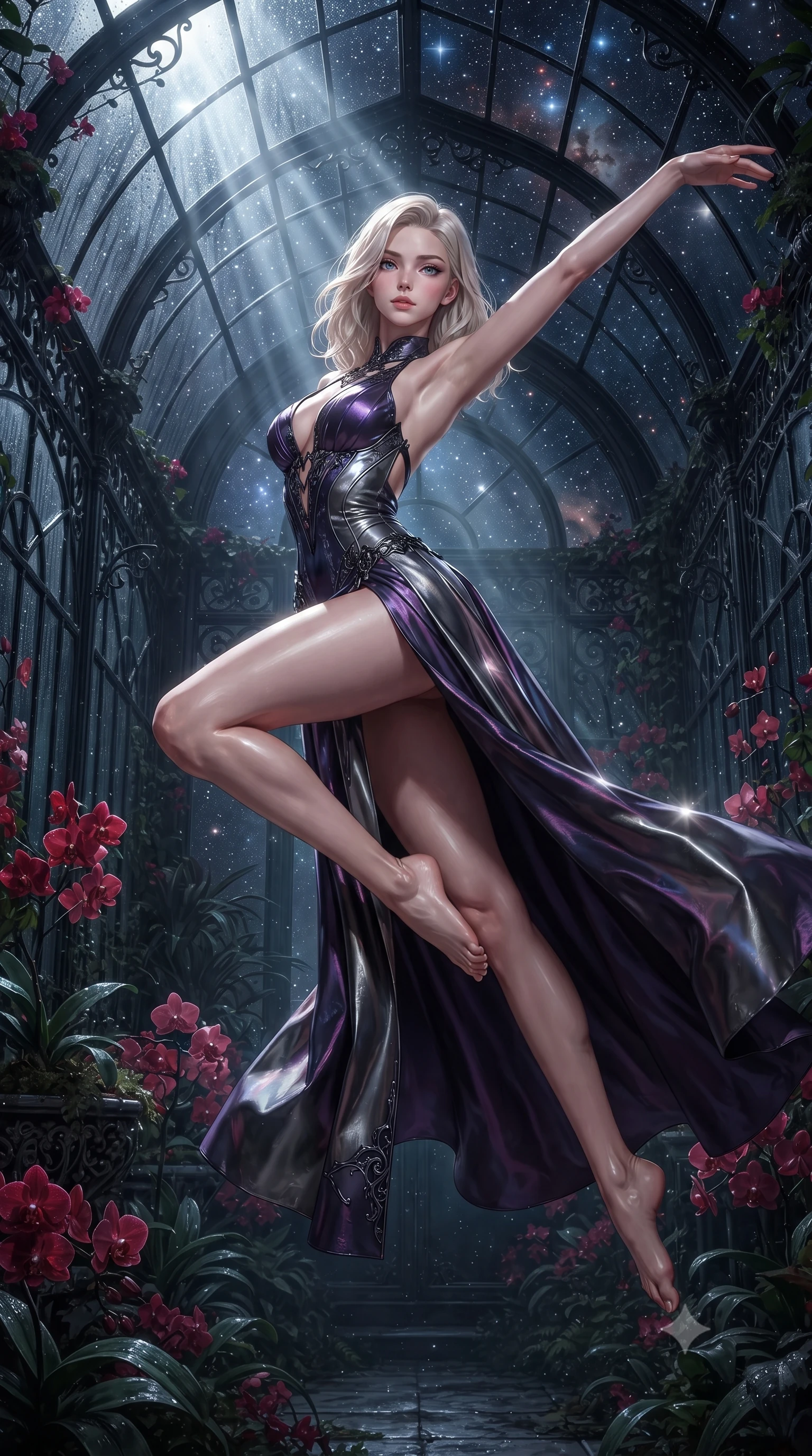 score_9, masterpiece, best quality, ultra-detailed, high-budget anime keyframe, editorial fashion photography, tasteful artistic composition, Caucasian woman. low angle full-body shot from head to toe showing her feet, filling the entire 9:16 vertical frame with her statuesque presence, stretching her vertical silhouette. leaping dynamically through the starry space, her posture full of power and elegance, standing in a secluded gothic conservatory filled with blooming red night orchids, daring open-back design accentuating her ultra-slim waistline. She has an absolutely perfect, statuesque 8.5-heads proportion, an exceptionally tall and slender model-like female figure with impossibly long slender legs and an ultra-slim waist. sharp v-shaped jawline, high-bridge nose, intricate jewel-like eyes with depth, thick eyelashes, glossy lips with a natural sheen. wearing low-cut gothic structured bodice gown with high leg slit in metallic dark silver, made of iridescent dark violet taffeta, adorned with minimalist black onyx hardware framing the silhouette, following her slender form with tailored precision. lit by piercing key rays filtering through wet conservatory glass. ultra-reflective glossy finish, specular highlights, metallic sheen, high-contrast stereoscopic depth, volumetric dynamic lighting, 2k, ultra detail, master piece, 9:16 ratio