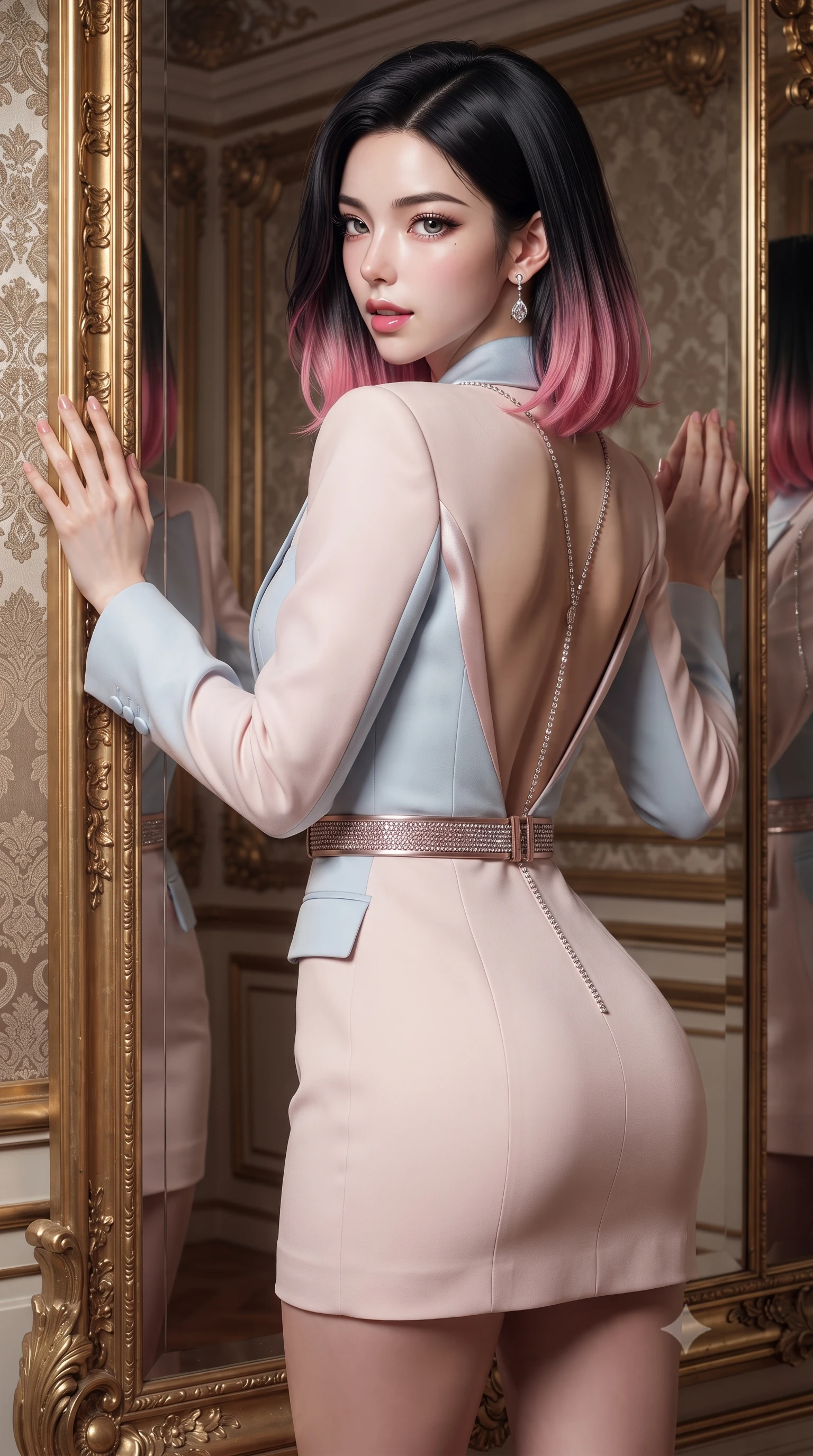 score_9, masterpiece, best quality, ultra-detailed, high-budget anime keyframe, editorial fashion photography, tasteful artistic composition, Korean woman. close-up cowboy shot from the waist and thighs up, the character dominates the composition, filling the frame with her large presence. turning over a bare shoulder with an intoxicating, teasing smile, her soft hair framing her sharp jawline as her hips angle gracefully while resting both hands against a colossal gilded mirror panel with lower back arched, glancing over her shoulder at her own reflection with parted glossy lips. The surrounding environment is rendered in vivid detail and crisp panoramic clarity. detailed silk brocade patterns, antique mirror bevels, and pearl jewelry luster in high resolution. She has an exceptionally elegant, slender, and willowy female figure with an ultra-slim waist, a gracefully sculpted slender torso, toned flat midriff, and rounded feminine hips creating an alluring hourglass silhouette. sharp v-shaped jawline, high-bridge nose, intricate jewel-like eyes with depth, thick eyelashes, glossy parted lips with a natural sheen, intensely captivating and seductive bedroom-eyes expression, flawlessly proportioned anatomical accuracy, strict slender model proportions, natural body alignment, perfectly sculpted long slender limbs, ultra-slim waistline, clean dynamic posture without body distortion. wearing a tailored pastel tuxedo jacket dress with silk satin lapels and a slim gold-buckle belt in antique rose gold and shimmering silver, tailored from fluid silk crepe with delicate inner corsetry boning, accented with a glittering diamond back chain tracing her bare spine down to her hips, the form-contouring material adhering flawlessly to her sculpted flat midriff and slender torso, emphasizing her long leg lines and perfectly proportioned willowy build. illuminated by crisp specular highlights defining her bare clavicle, ultra-slim waistline, and curvaceous hips. ultra-reflective glossy finish, specular highlights, rich textural contrasts, high-contrast stereoscopic depth, volumetric dynamic lighting, 2k, ultra detail, master piece, 9:16 ratio