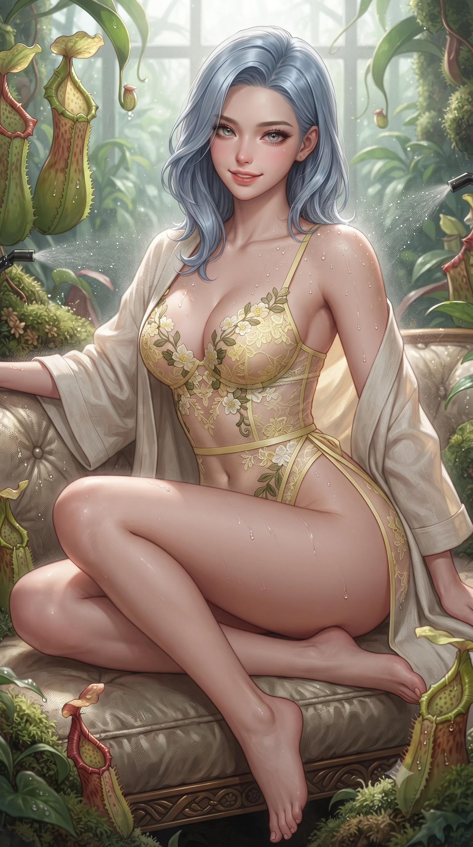 score_9, masterpiece, best quality, ultra-detailed, high-budget anime keyframe, editorial fashion photography, tasteful artistic composition, Korean woman. close-up cowboy shot from the waist and thighs up, the character dominates the composition, filling the frame with her large presence. perched sideways on the lounge seat, one knee drawn up to showcase her slender leg line while her arched back accentuates her feminine hip curve while twisting her slender torso in an alluring S-curve, automated mist nozzles spraying fine dewdrops across her bare shoulders and flat midriff. The surrounding environment is rendered in vivid detail and crisp panoramic clarity: sharp pitcher plant peristome ribbing, glistening nectar droplets, and sphagnum moss texture in deep focus. She has an exceptionally elegant, slender, and willowy female figure with an ultra-slim waist, flat toned midriff, narrow ribcage, and sculpted feminine hips creating an alluring, slim hourglass silhouette without bulk. sharp v-shaped jawline, high-bridge nose, sparkling eyes with hypnotic seductive depth, thick curled eyelashes, glossy parted lips with a natural dewy peach sheen, alluring bedroom-eyes with an enchanting coquettish smile, exuding magnetic siren charisma and sophisticated glamour, flawlessly proportioned anatomical accuracy, strict slender model proportions, natural body alignment, perfectly sculpted long slender limbs, ultra-slim waistline, clean dynamic posture without body distortion. wearing a delicate semi-sheer botanical lace teddy layered under an open lightweight linen kimono draped over bare shoulders in sunlit daisy yellow and gardenia cream with olive accents, woven from buttery-soft stretch lambskin leather adhering to her body like a second skin, finished with delicate floral vine embroidery tracing along her sweetheart neckline with intimate elegance, the high-slit wrap tailoring accentuating her ultra-slim waistline and the enchanting curve of her feminine hips with alluring seductive charm. bathed in diffused humid greenhouse sunlight filtered through dense morning mist clouds. ultra-reflective glossy finish, specular highlights, rich textural contrasts, high-contrast stereoscopic depth, volumetric dynamic lighting, 2k, ultra detail, master piece, 9:16 ratio
