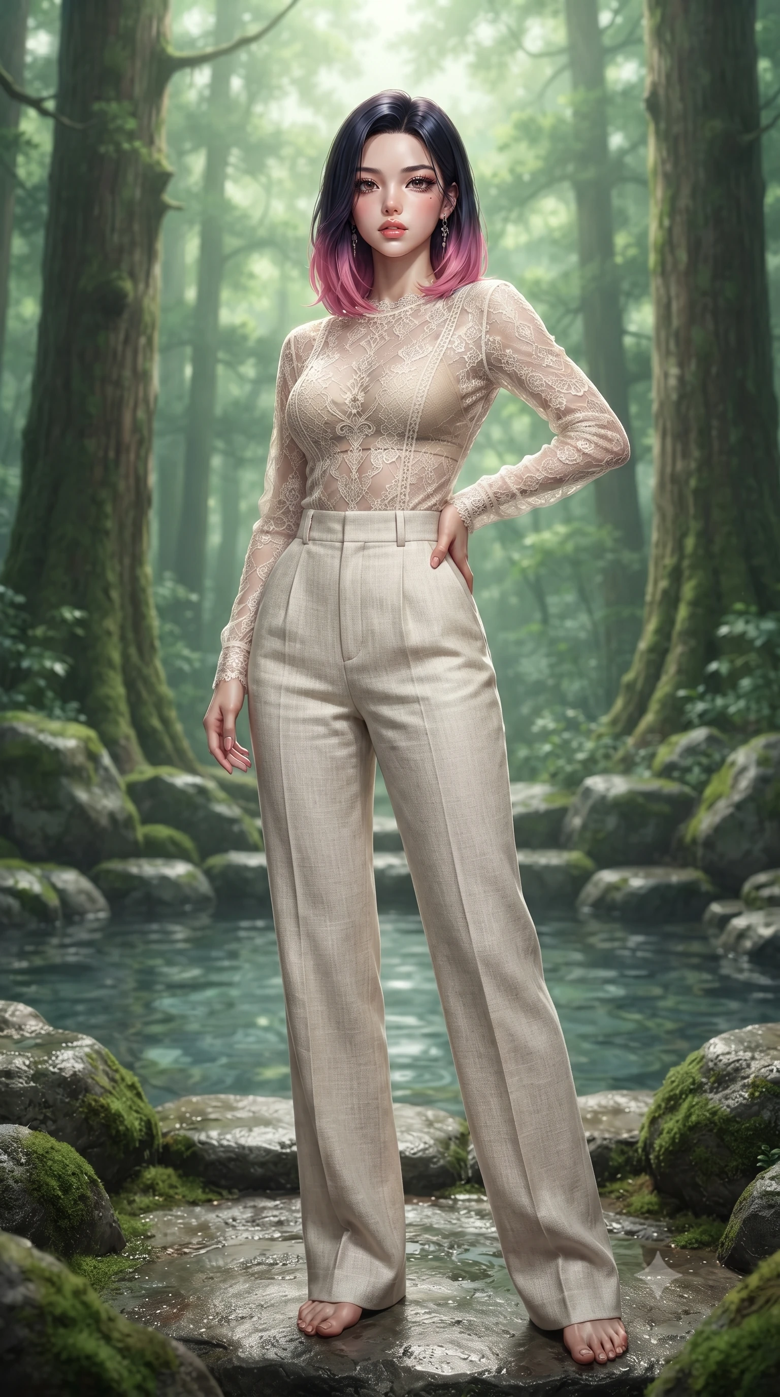 score_9, masterpiece, best quality, ultra-detailed, high-budget anime keyframe, editorial fashion photography, tasteful artistic composition, Korean woman woman. low angle full-body shot from head to toe showing her feet, filling the entire 9:16 vertical frame with her statuesque presence, stretching her vertical silhouette. posing confidently with one hand on her hip, stretching her statuesque body to emphasize her curves the background shows a soft-focus a natural stone pool surrounded by mossy rocks and tall trees in a private estate. She has an absolutely perfect, statuesque 8.5-heads proportion, an exceptionally tall and slender model-like female figure with impossibly long slender legs and an ultra-slim waist. sharp v-shaped jawline, high-bridge nose, intricate jewel-like eyes with depth, thick eyelashes, glossy lips with a natural sheen. wearing a body-hugging sheer lace blouse in ivory white, worn over a simple beige bralette and high-waisted linen trousers. soft diffused green light filtering through the dense forest canopy. ultra-reflective glossy finish, specular highlights, metallic sheen, high-contrast stereoscopic depth, volumetric dynamic lighting, 2k, ultra detail, master piece, 9:16 ratio
