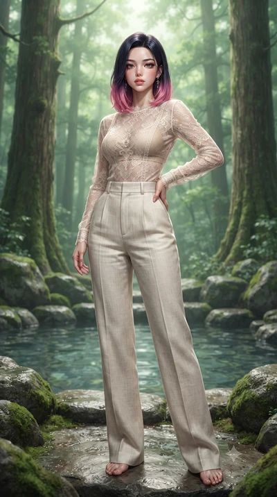 score_9, masterpiece, best quality, ultra-detailed, high-budget anime keyframe, editorial fashion photography, tasteful artistic composition, Korean woman woman. low angle full-body shot from head to toe showing her feet, filling the entire 9:16 vert