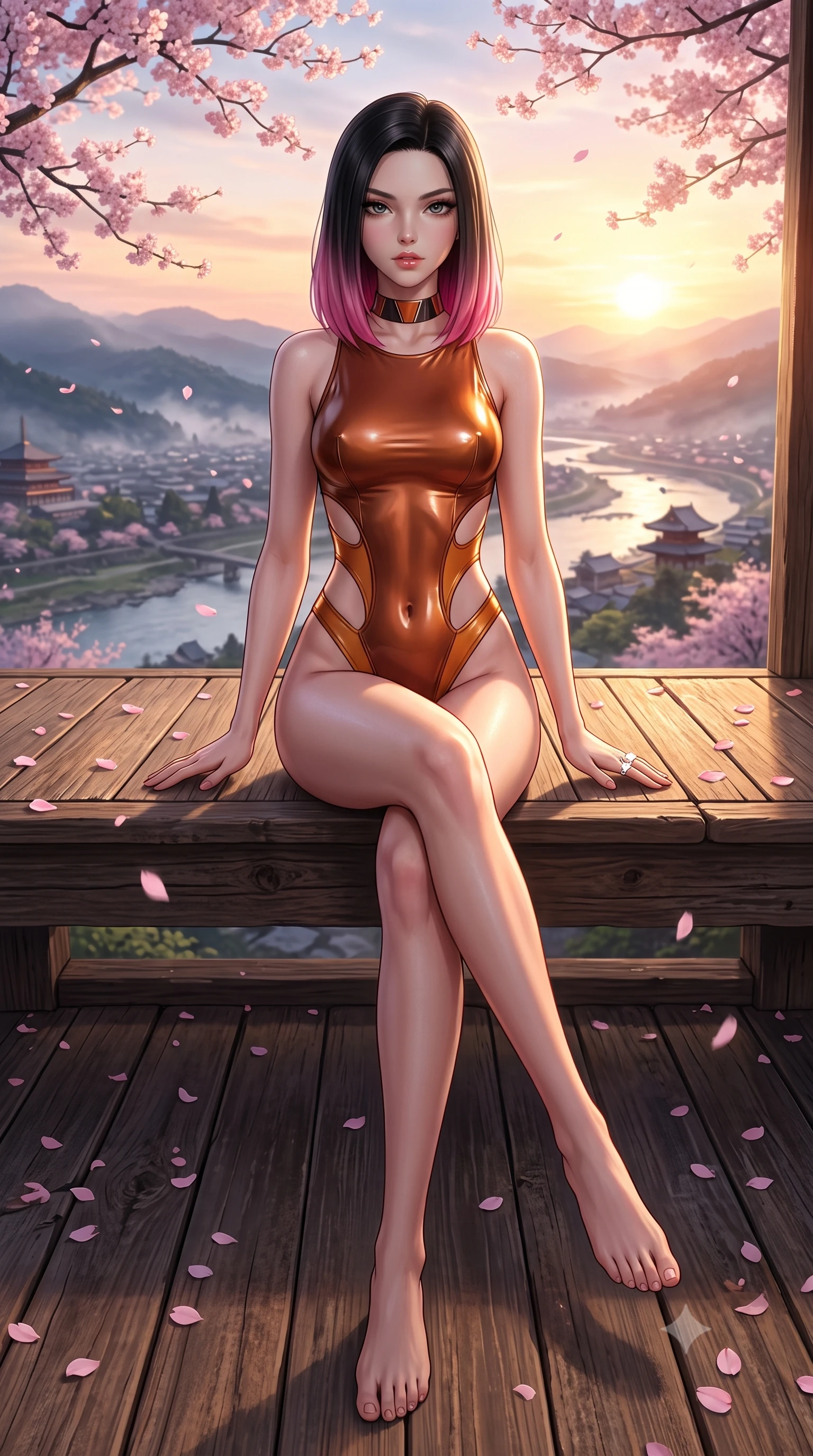 score_9, masterpiece, best quality, ultra-detailed, high-budget anime keyframe, semi-realistic 3D game render, editorial fashion photography, tasteful artistic composition, Korean woman. low angle full-body shot from head to toe showing her feet, filling the entire 9:16 vertical frame with her statuesque presence, stretching her vertical silhouette. sitting perched on the elevated edge with hips angled toward the camera and legs crossed, displaying her toned midriff and flawlessly sculpted slender limbs while turning in an alluring dancer S-curve as evening breezes scatter soft pink sakura petals across the ancient wooden stage planks. The surrounding environment is rendered in vivid detail and crisp panoramic clarity. detailed silk kimono or modern fusion gown weave, sunset sheen on skin, and Kyoto valley landscape in high clarity. She has an exceptionally tall and slender model-like 8.5-heads proportion, an ultra-slim waist, a flat toned midriff, narrow delicate ribcage, and beautifully sculpted feminine hips creating a graceful, slim hourglass silhouette without any bulky heaviness, with impossibly long slender legs. sharp v-shaped jawline, high-bridge nose, intricate jewel-like eyes with depth, thick eyelashes, glossy parted lips with a natural sheen, intensely captivating and seductive bedroom-eyes expression, flawlessly proportioned anatomical accuracy, strict slender model proportions, natural body alignment, perfectly sculpted long slender limbs, ultra-slim waistline, clean dynamic posture without body distortion. wearing a botanical cutout monokini with organic leaf-curve side openings and high-cut hip bands in rich copper bronze and warm amber, tailored from second-skin aerodynamic stretch vinyl with specular wet sheen, complemented by a bold geometric choker and sparkling cocktail ring, the liquid-tight tailored fabric clinging flawlessly to her narrow waist and rounded feminine hips, emphasizing every millimeter of her sculpted slim hourglass curves without any bulky heaviness. bathed in breathtaking golden hour sunset backlighting filtered through cherry blossom branches. highly saturated vibrant anime colors, detailed shading with soft gradients, rich glossy textures, high-contrast stereoscopic depth, volumetric dynamic lighting, master piece, 9:16 ratio