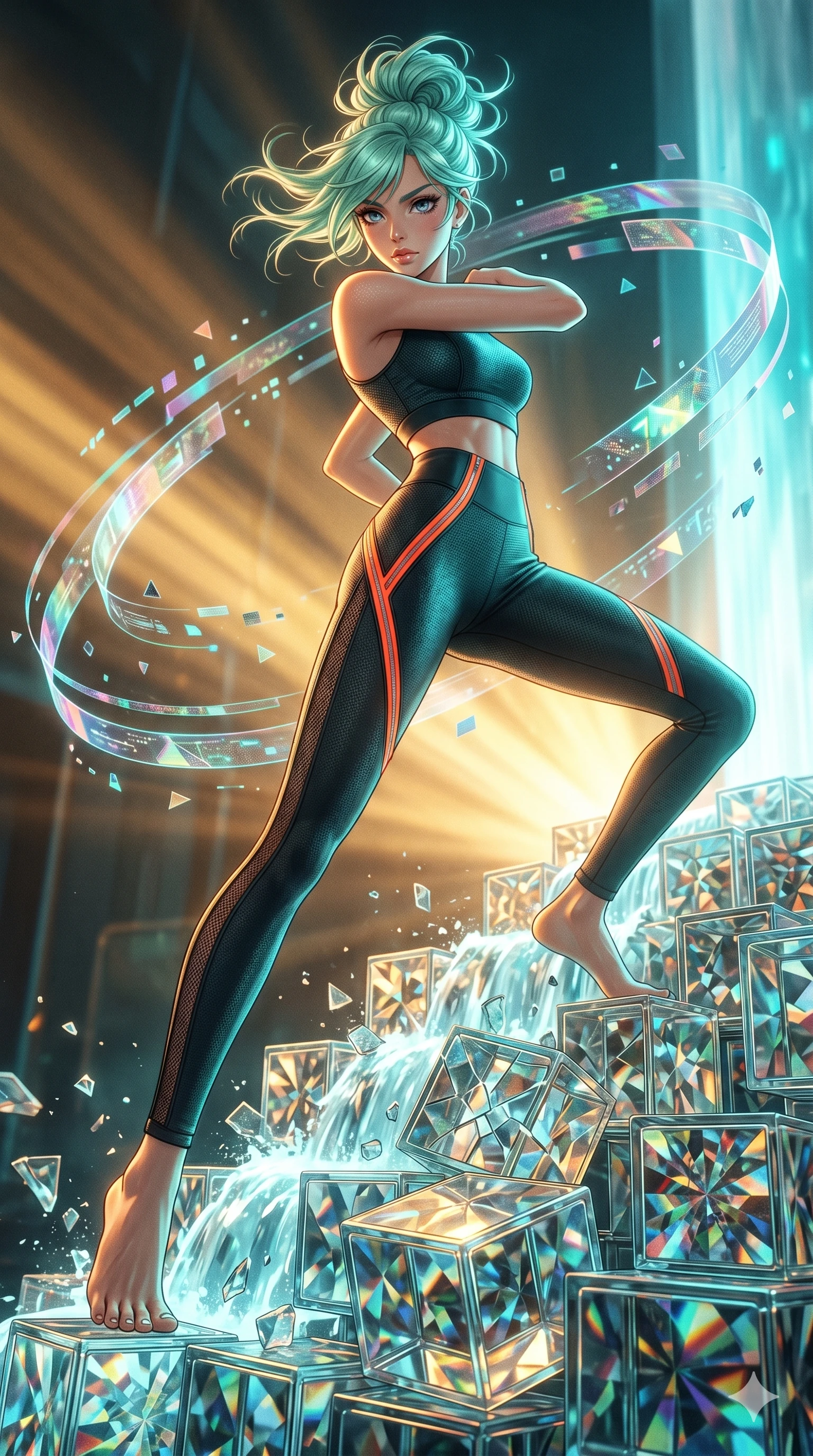 score_9, masterpiece, best quality, ultra-detailed, high-budget anime keyframe, editorial fashion photography, tasteful artistic composition, Japanese woman. low angle full-body shot from head to toe showing her feet, filling the entire 9:16 vertical frame with her statuesque presence, stretching her vertical silhouette. breaking through on cubist glass blocks that cascade like a waterfall, reflecting complex mosaic patterns as floating holographic data ribbons swirl in a graceful orbit. She has an absolutely perfect 8-heads proportion, an exceptionally tall and slender female figure with impossibly long slender legs and an ultra-slim waist. V-shaped jawline, high-bridge nose, intricate jewel-like eyes with depth, thick eyelashes, glossy lips with a natural sheen.. wearing a body-conforming neoprene cyber-athleisure set, featuring a tight crop top and leggings with fluorescent orange zipper accents and side slash panels. showcasing a beautiful play of light and shadow, with warm golden rays clashing against cool cyan highlights. 2k, ultra detail, master piece, 9:16 ratio